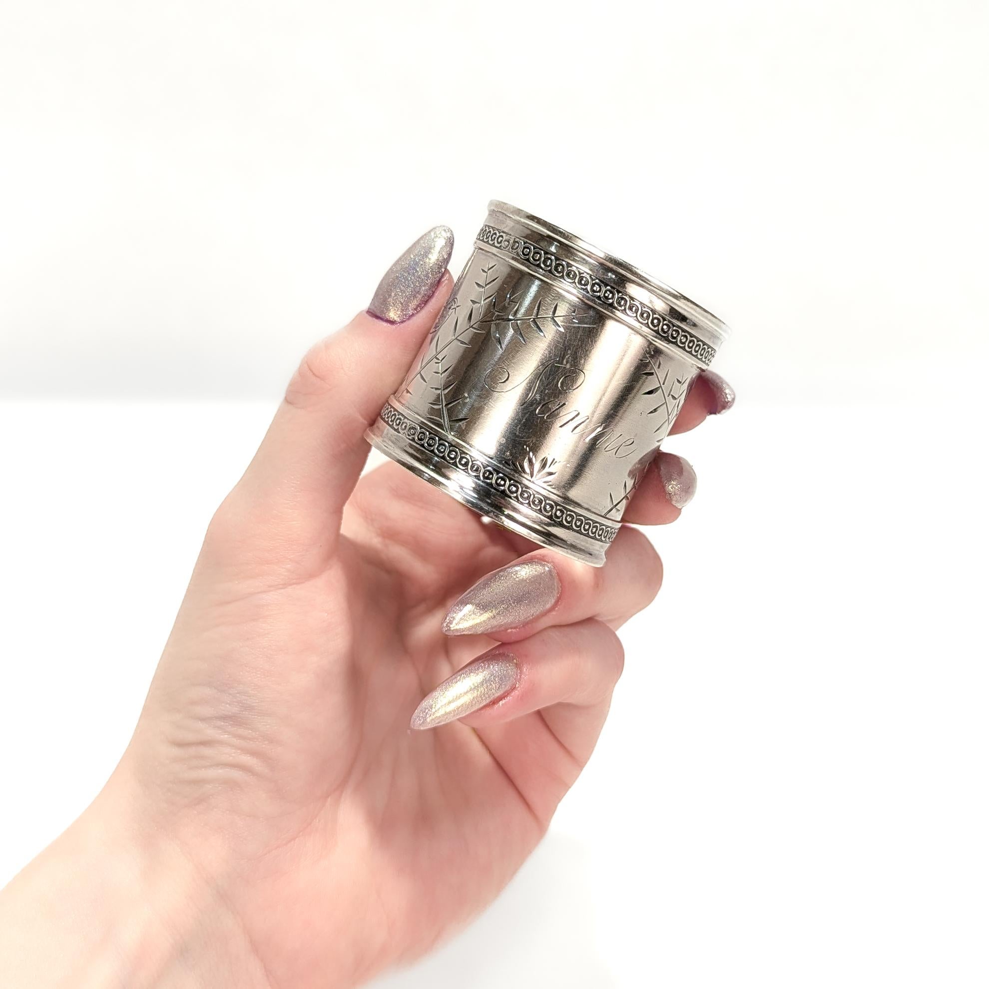 American Antique Victorian Heavy Gauged Sterling Silver Napkin Ring Engraved 'Nannie' For Sale