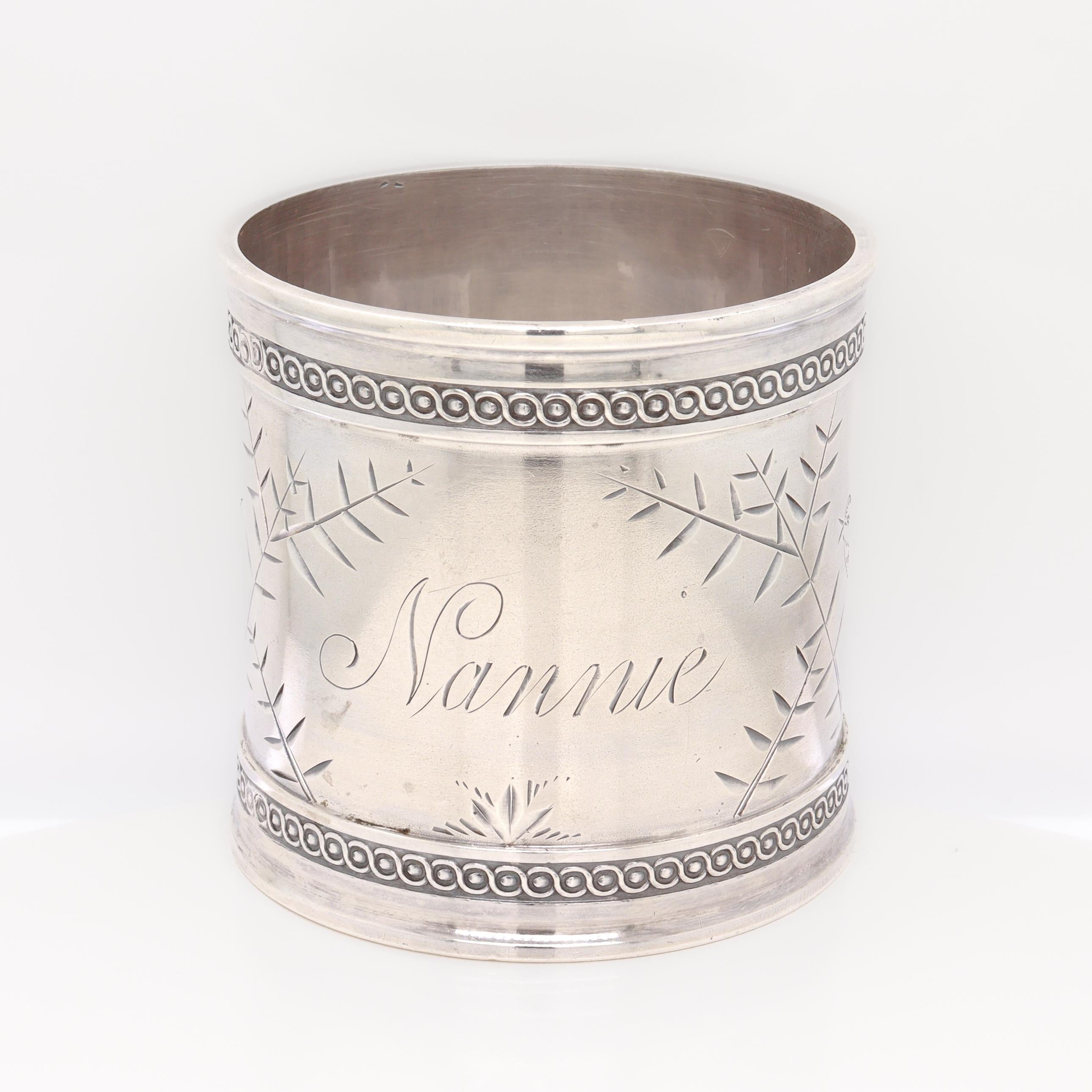 Antique Victorian Heavy Gauged Sterling Silver Napkin Ring Engraved 'Nannie' In Good Condition For Sale In Philadelphia, PA
