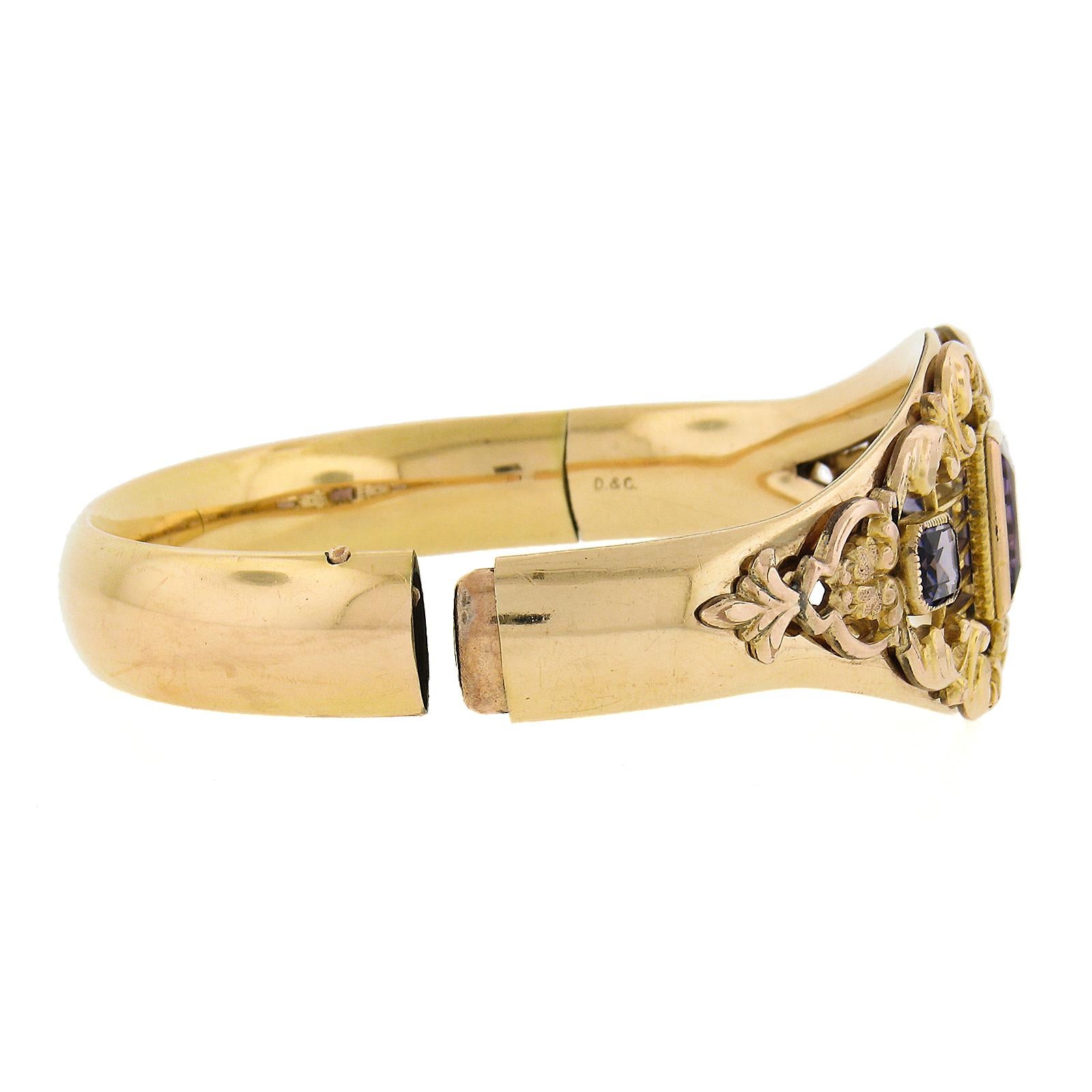 Antikes viktorianisches, schweres, goldgefülltes, lila Steine, Repousse-Armband mit Scharnier, offen im Angebot 1