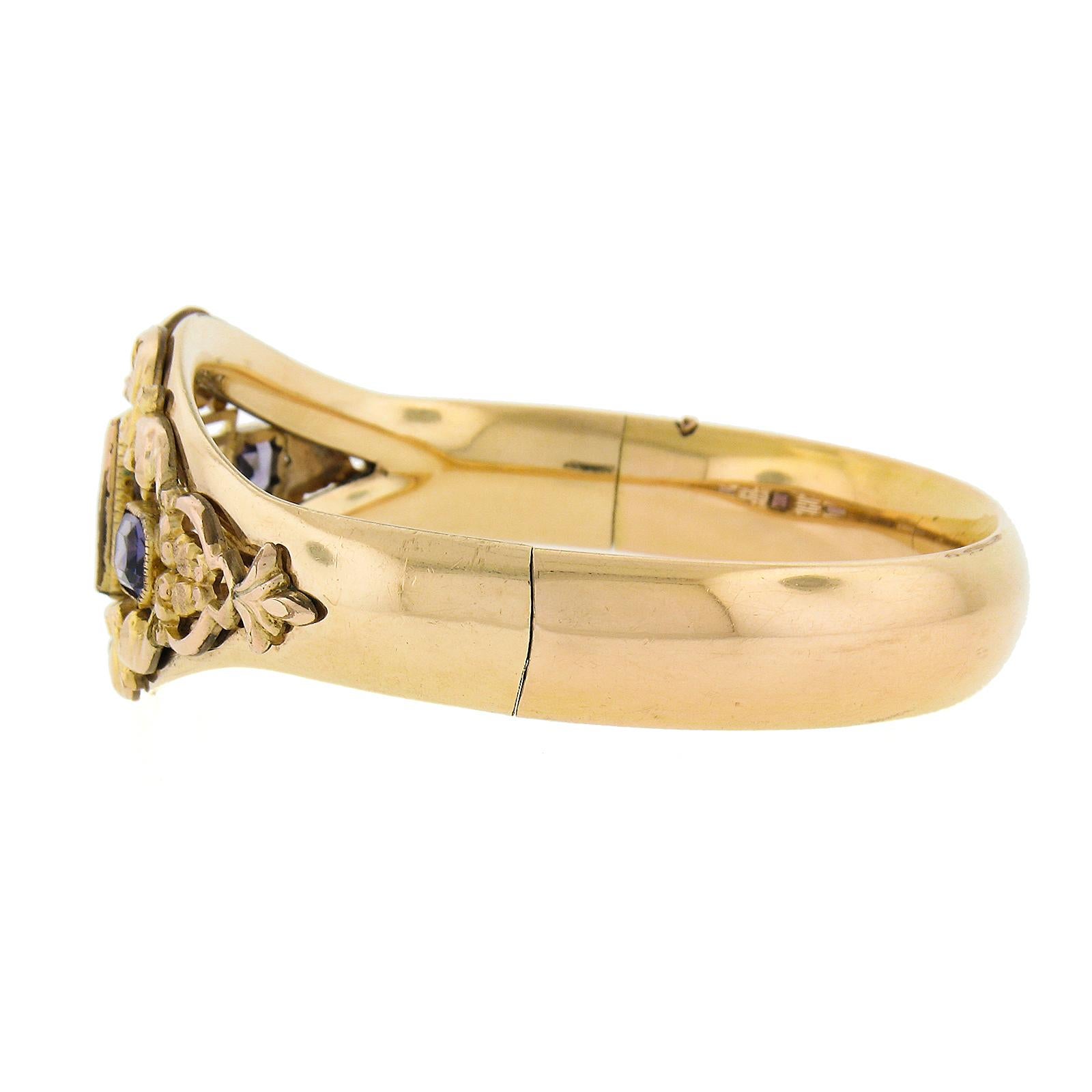 Antikes viktorianisches, schweres, goldgefülltes, lila Steine, Repousse-Armband mit Scharnier, offen im Angebot 2
