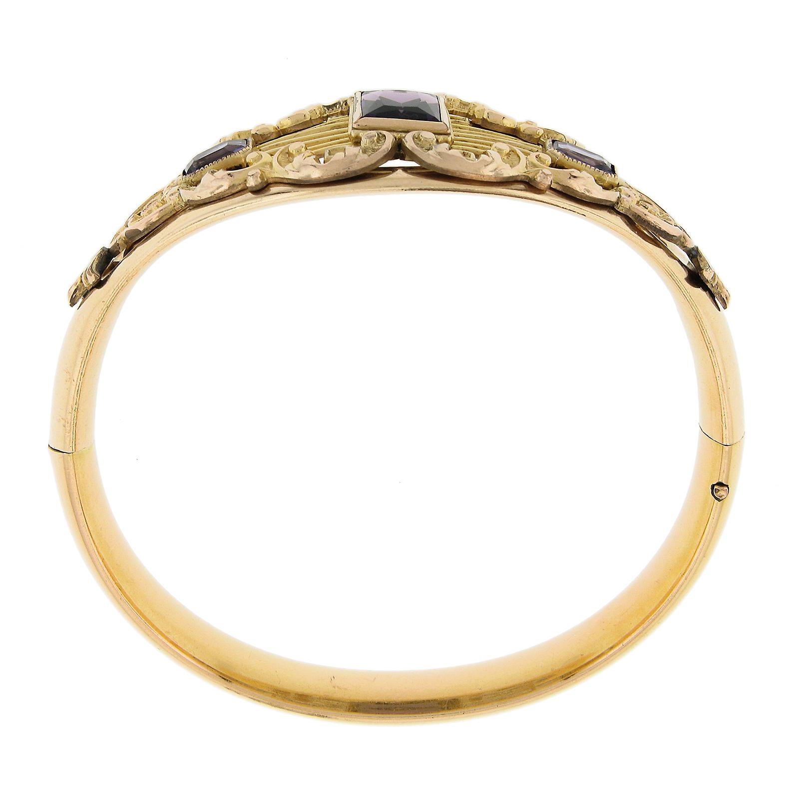 Antikes viktorianisches, schweres, goldgefülltes, lila Steine, Repousse-Armband mit Scharnier, offen im Angebot 3