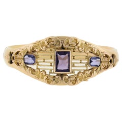 Antique Victorian Heavy Gold Filled Purple Stones Repousse Hinged Open Bracelet