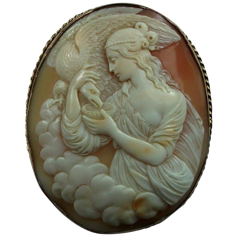 Antique Victorian Hebe Feeding the Eagle of Zeus Shell Cameo Brooch