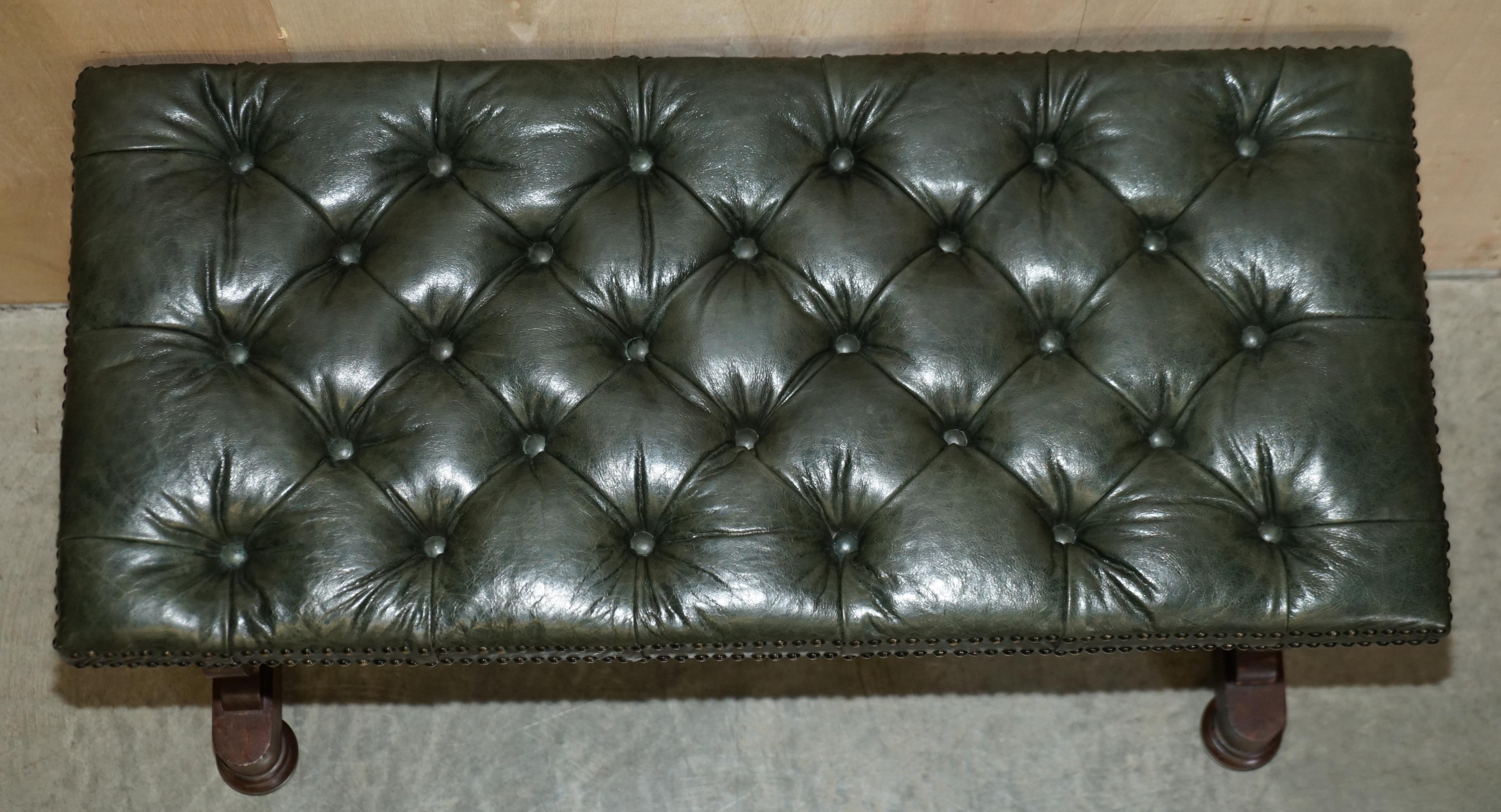 Antique Victorian Heritage Green Leather Chesterfield Tufted Bench / Footstool For Sale 6