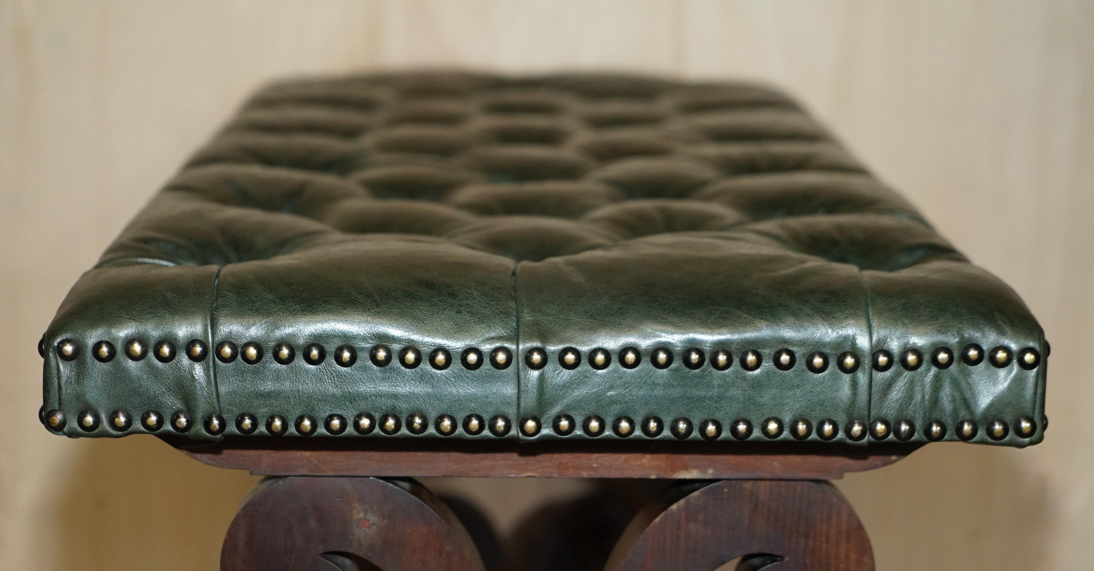 Antique Victorian Heritage Green Leather Chesterfield Tufted Bench / Footstool For Sale 8