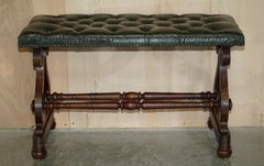 Antique Victorian Heritage Green Leather Chesterfield Tufted Bench / Footstool