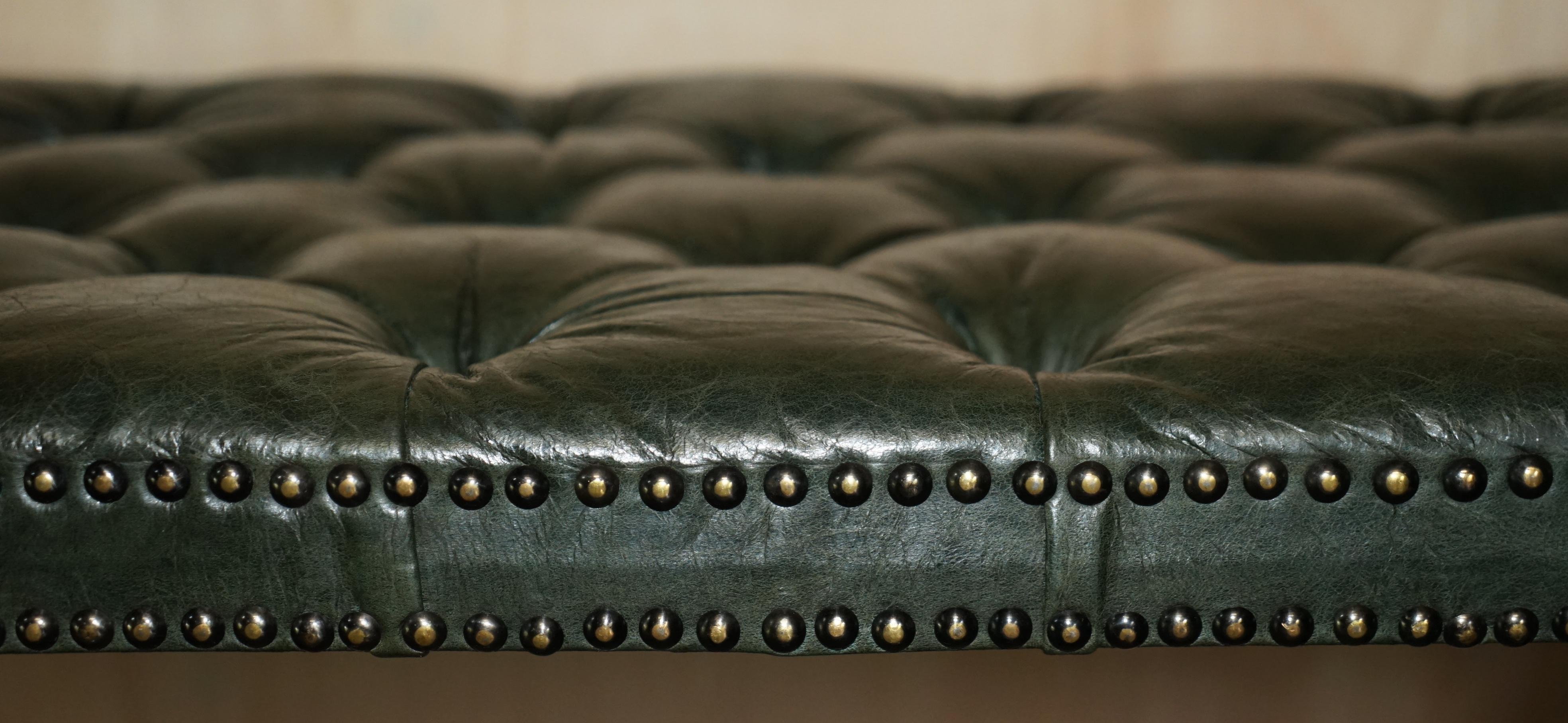 Hand-Carved Antique Victorian Heritage Green Leather Chesterfield Tufted Bench / Footstool For Sale
