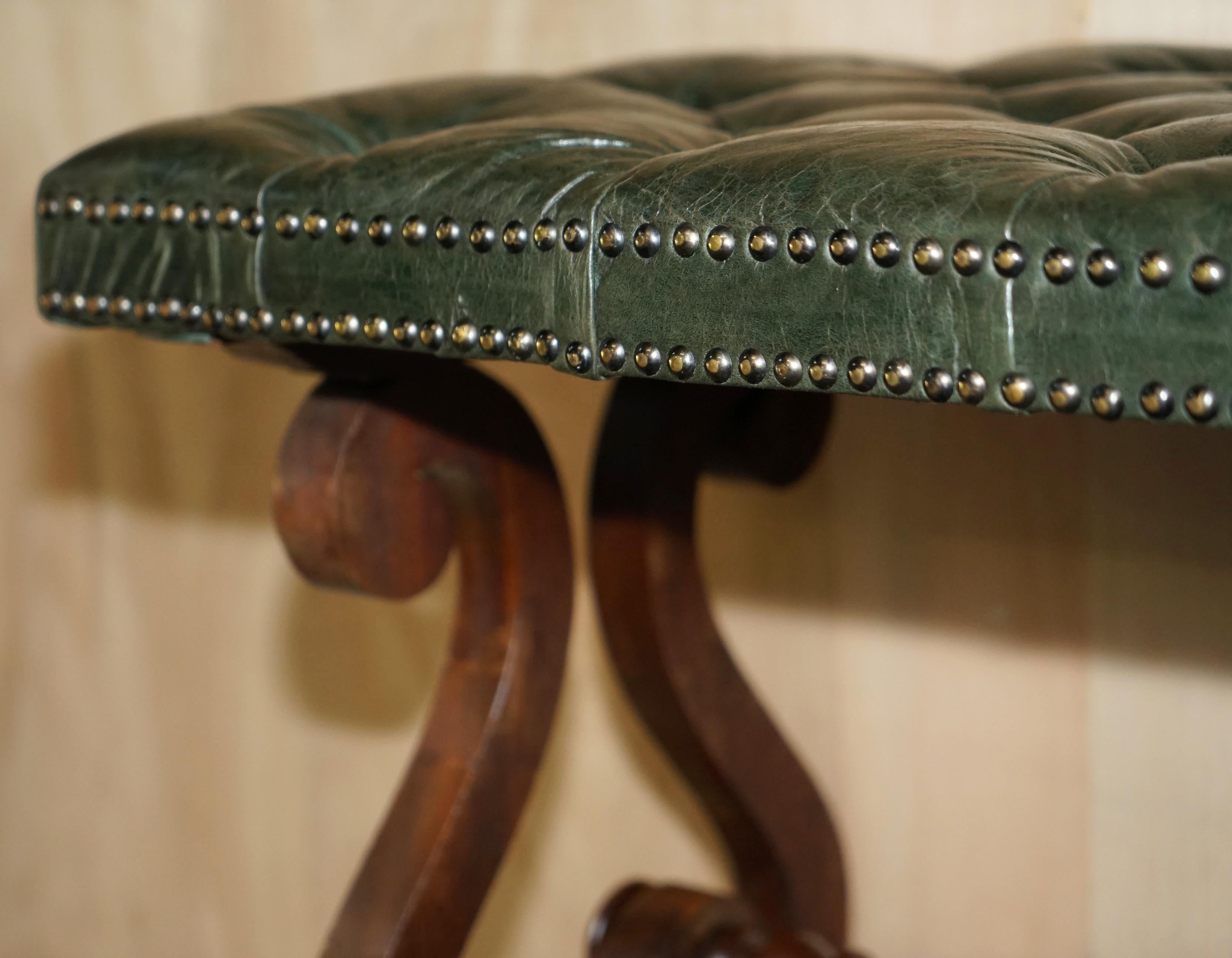 Beech Antique Victorian Heritage Green Leather Chesterfield Tufted Bench / Footstool For Sale