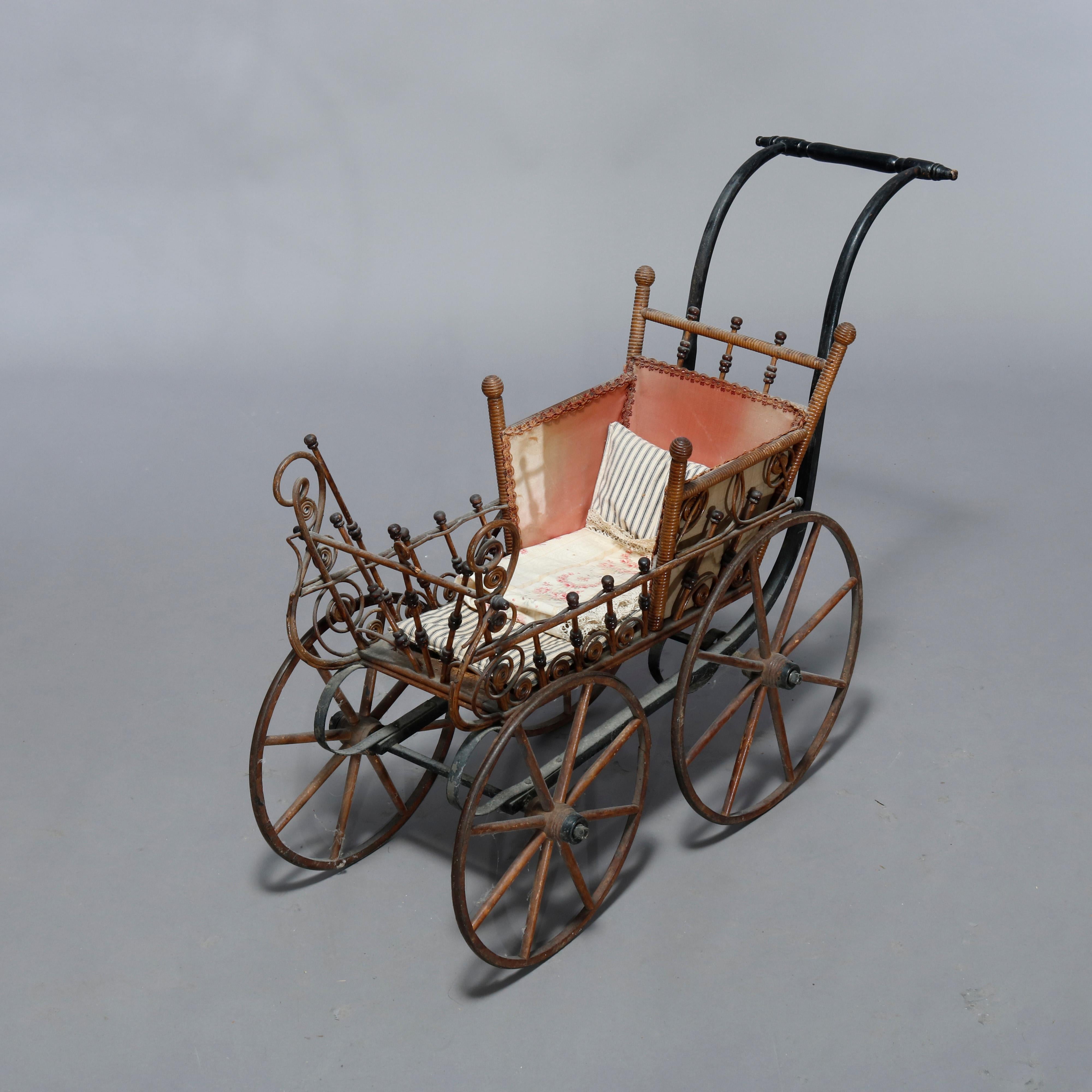 An antique Victorian baby buggy in the manner of Heywood Wakefield offers stick and ball wicker construction, circa 1890

Measures: 28.5