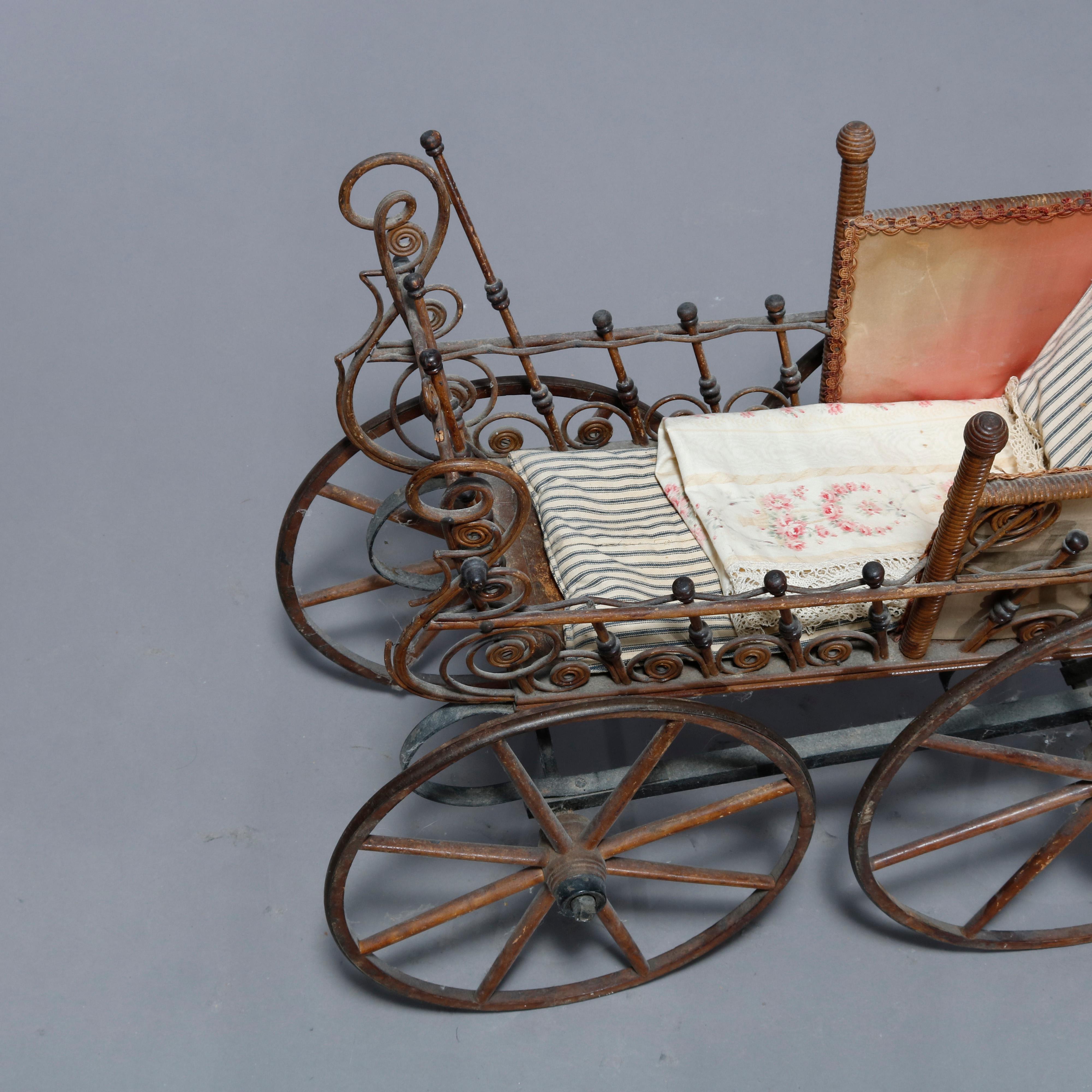 Antique Victorian Heywood Wakefield School Stick & Ball Wicker Baby Buggy, c1890 In Good Condition In Big Flats, NY