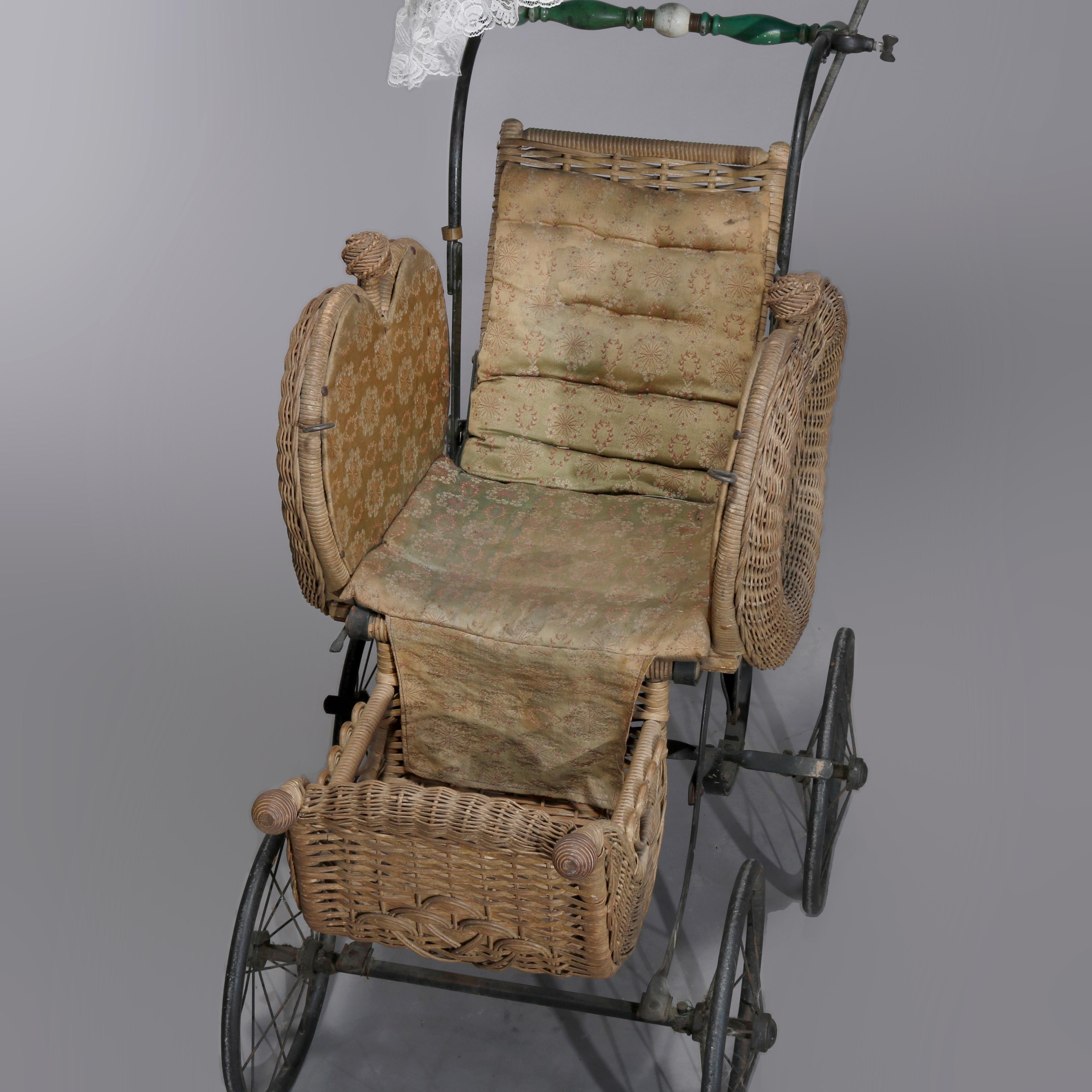 American Antique Victorian Heywood Wakefield School Wicker Baby Buggy with Parasol, c1890