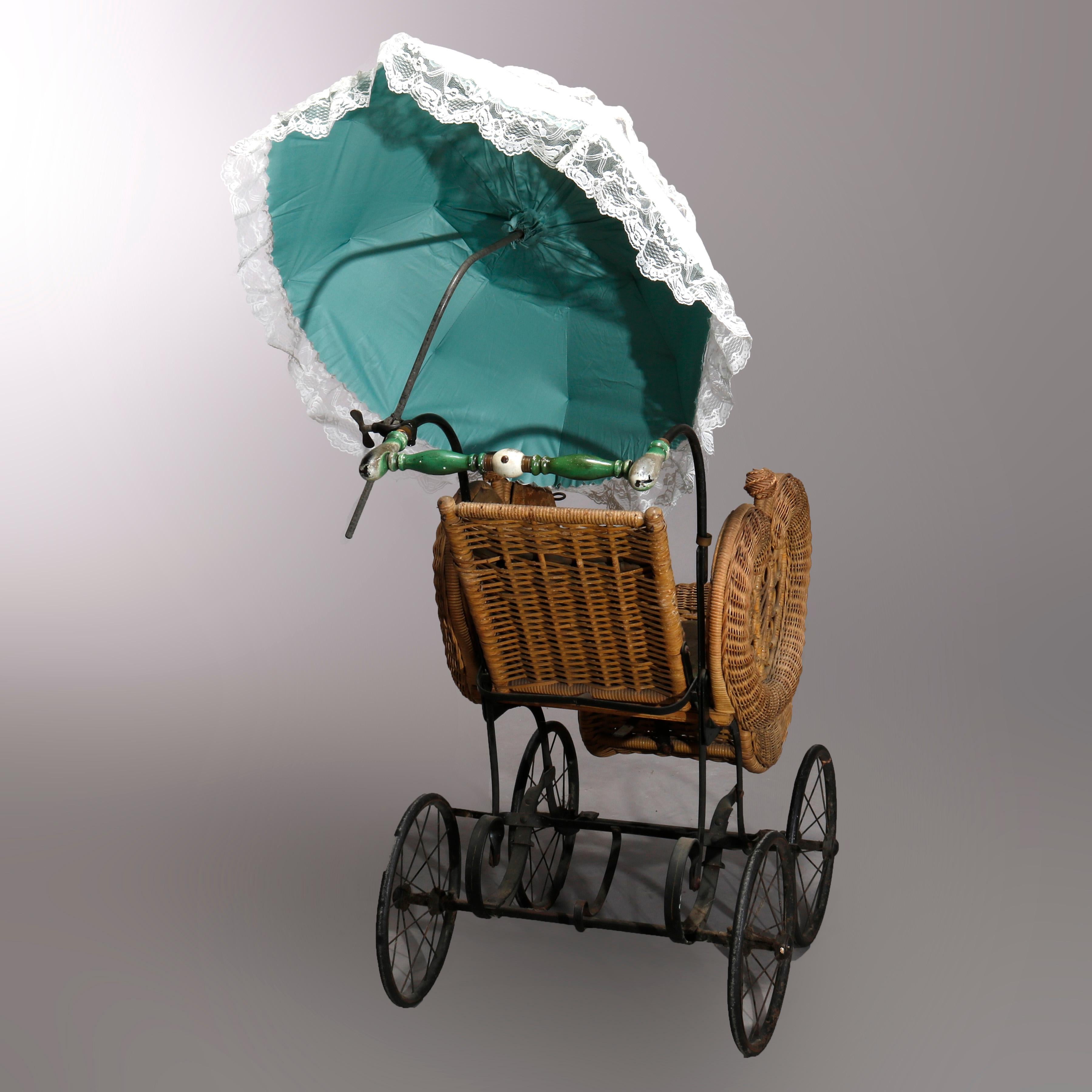 Cast Antique Victorian Heywood Wakefield School Wicker Baby Buggy with Parasol, c1890
