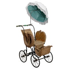 Antique Victorian Heywood Wakefield School Wicker Baby Buggy with Parasol, c1890