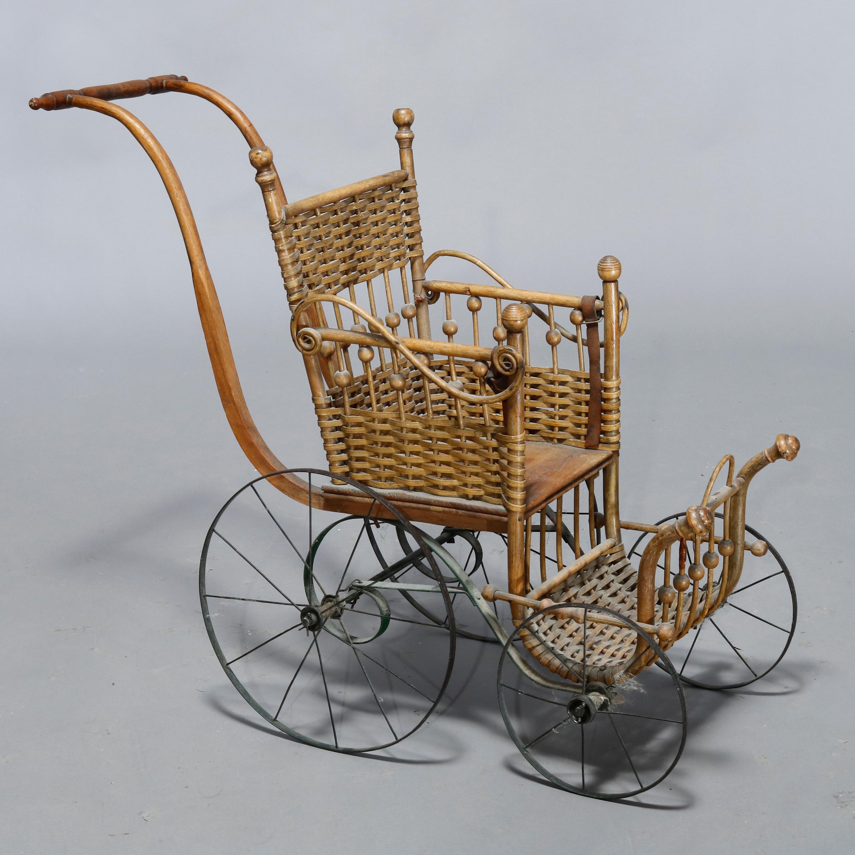 American Antique Victorian Heywood Wakefield Stick & Ball Wicker Doll Buggy, Circa 1890