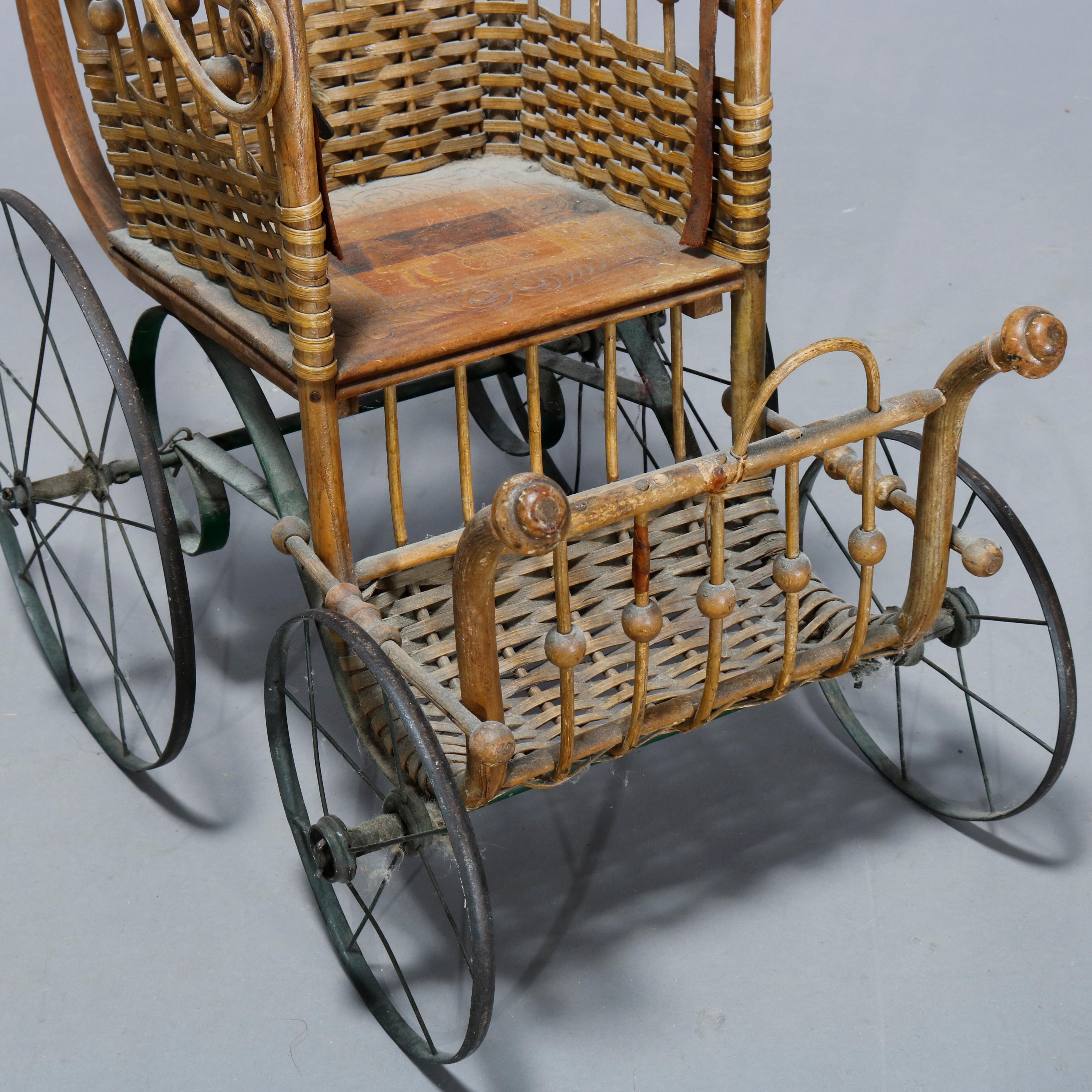 19th Century Antique Victorian Heywood Wakefield Stick & Ball Wicker Doll Buggy, Circa 1890