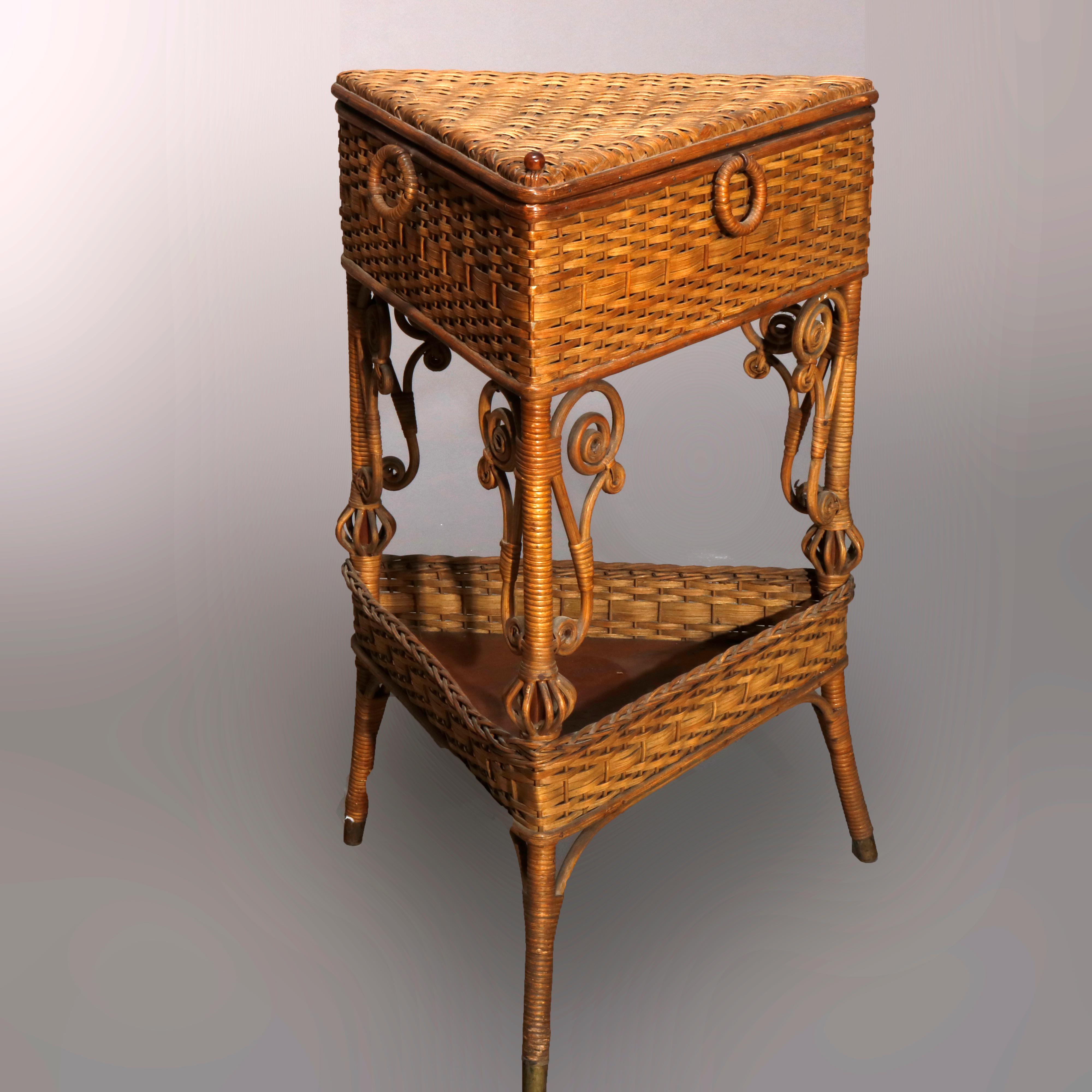 Carved Antique Victorian Heywood Wakefield Wicker Corner Sewing Stand, circa 1890