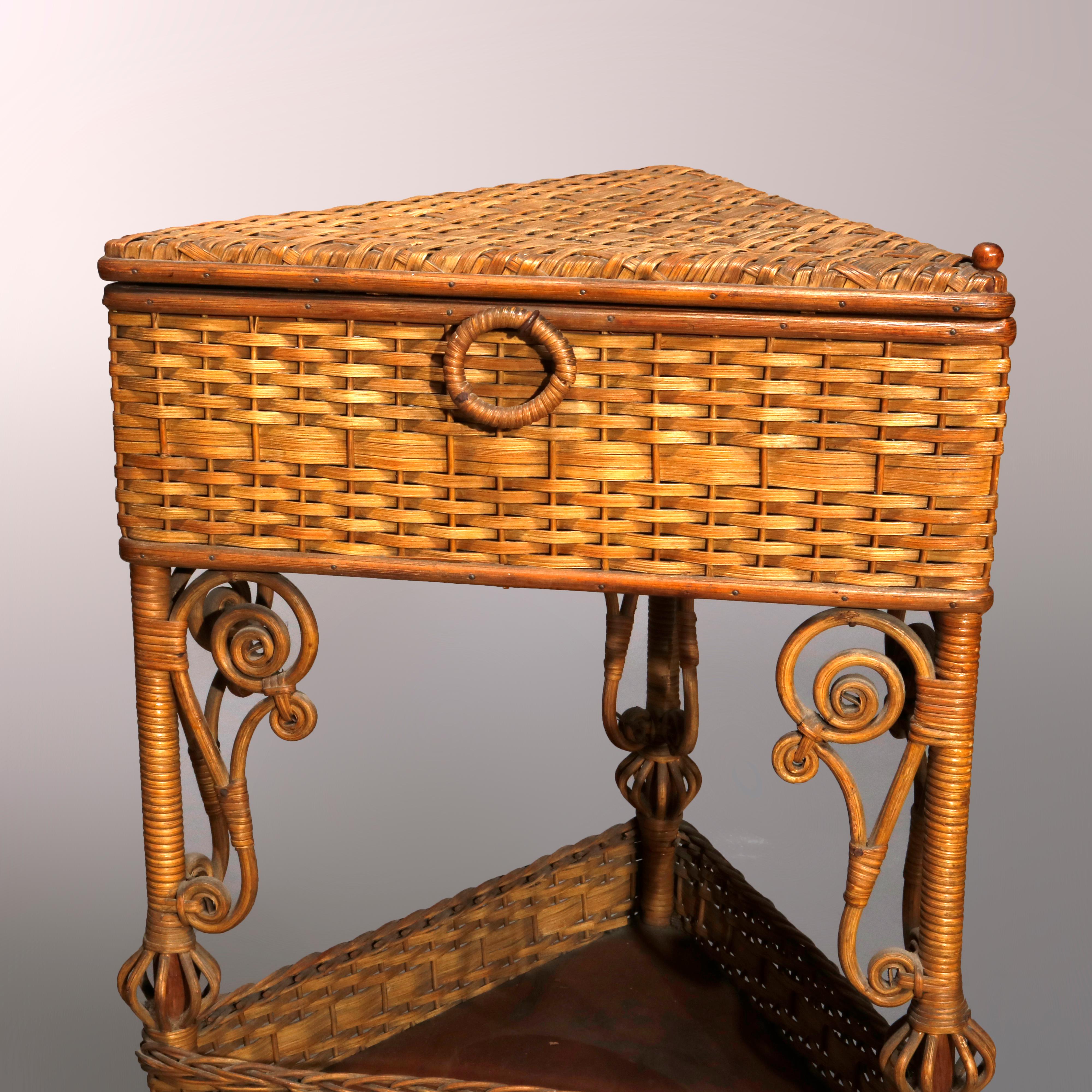 Antique Victorian Heywood Wakefield Wicker Corner Sewing Stand, circa 1890 In Good Condition In Big Flats, NY