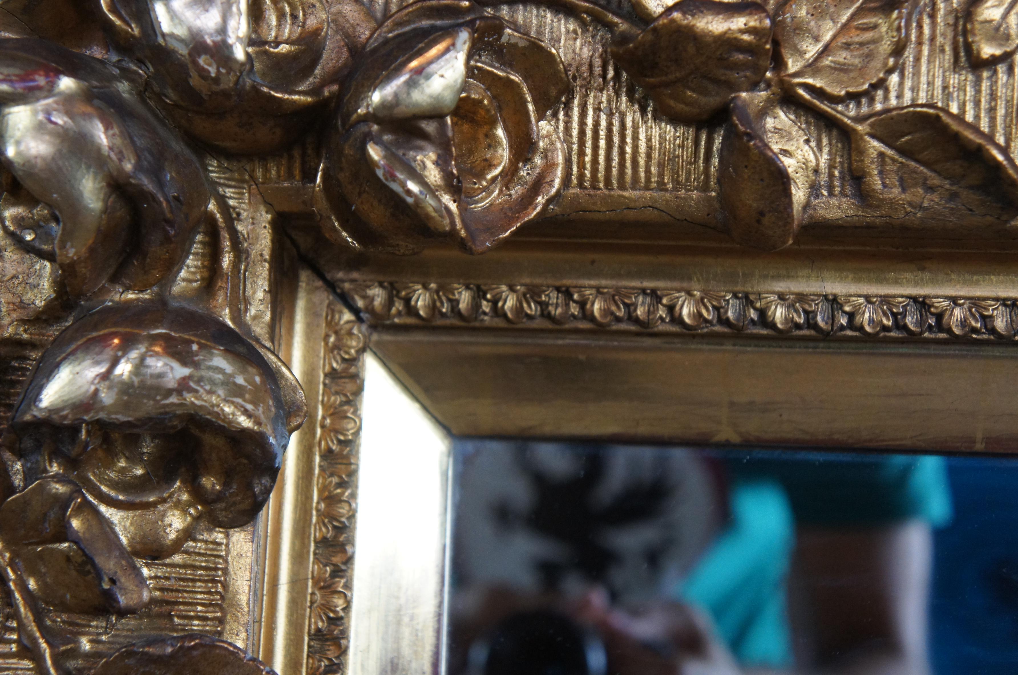 Antique Victorian High Relief Carved Wood Mirror Art Frame Floral Rose In Good Condition In Dayton, OH
