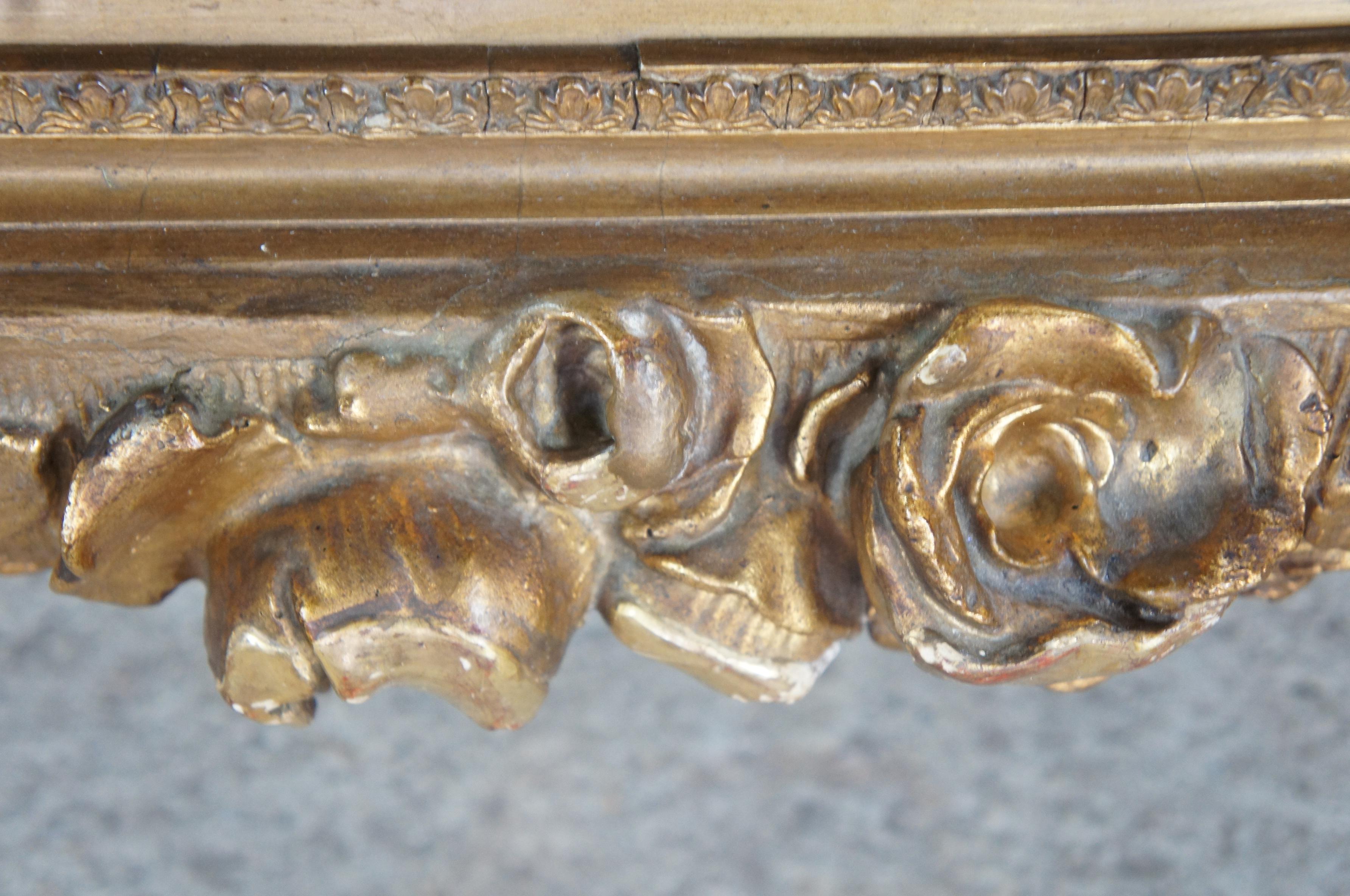 19th Century Antique Victorian High Relief Carved Wood Mirror Art Frame Floral Rose