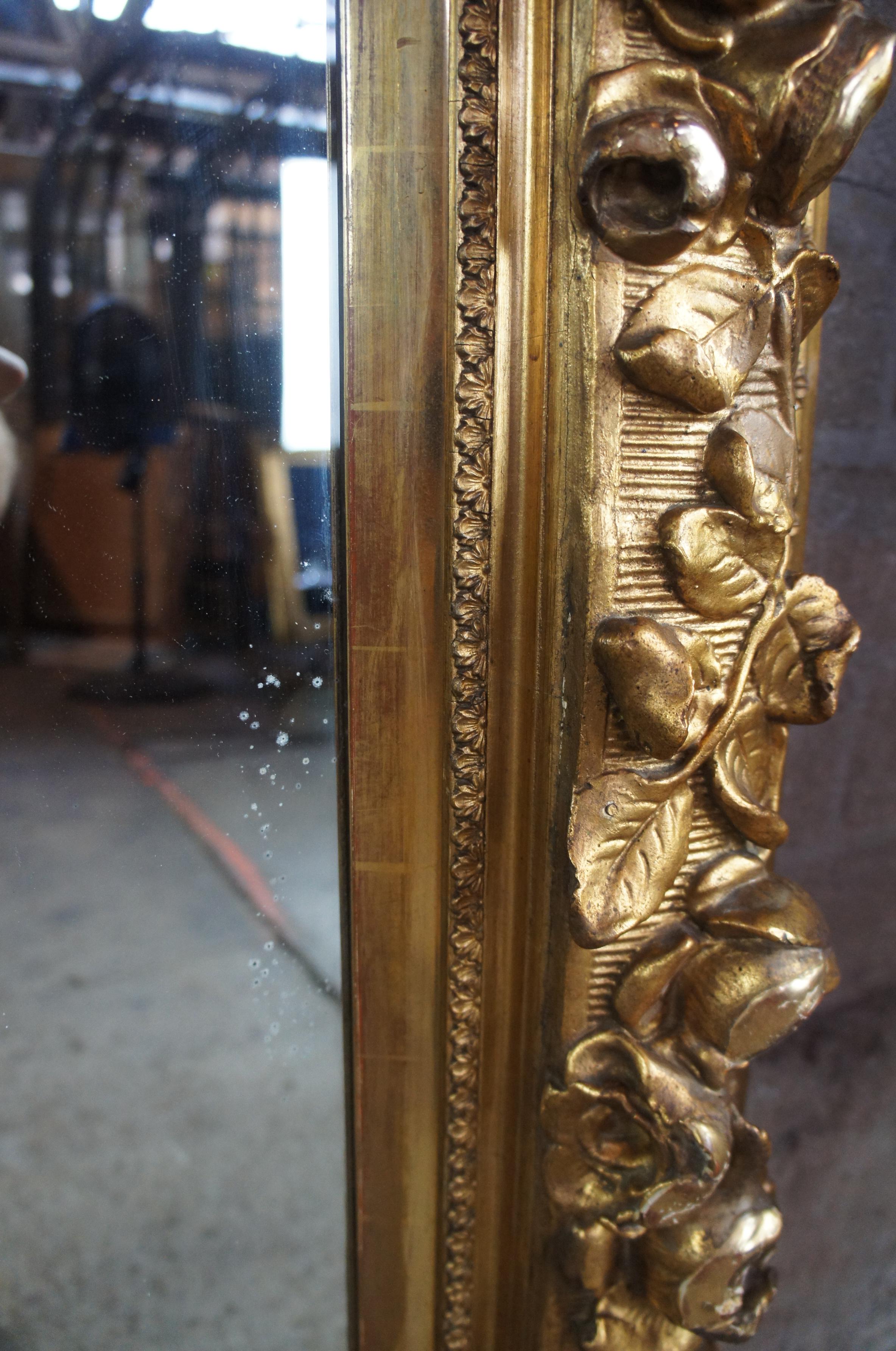 Pine Antique Victorian High Relief Carved Wood Mirror Art Frame Floral Rose