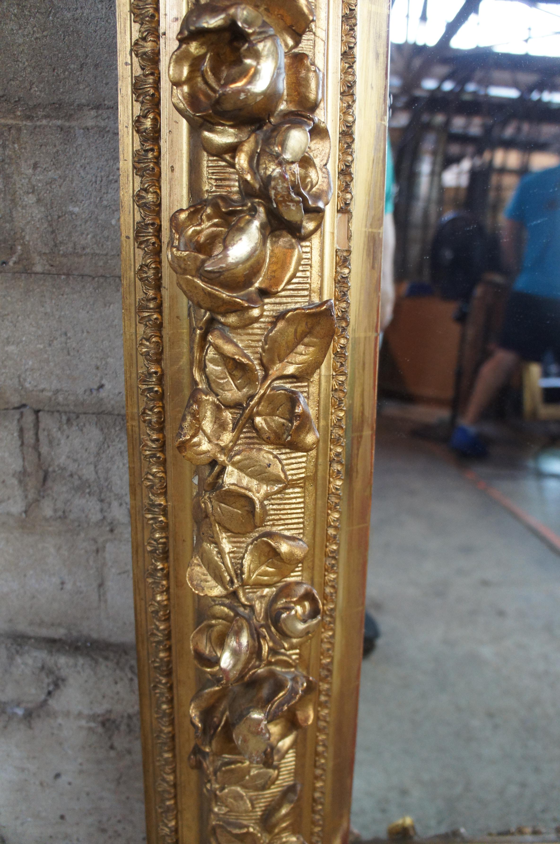 Antique Victorian High Relief Carved Wood Mirror Art Frame Floral Rose 1