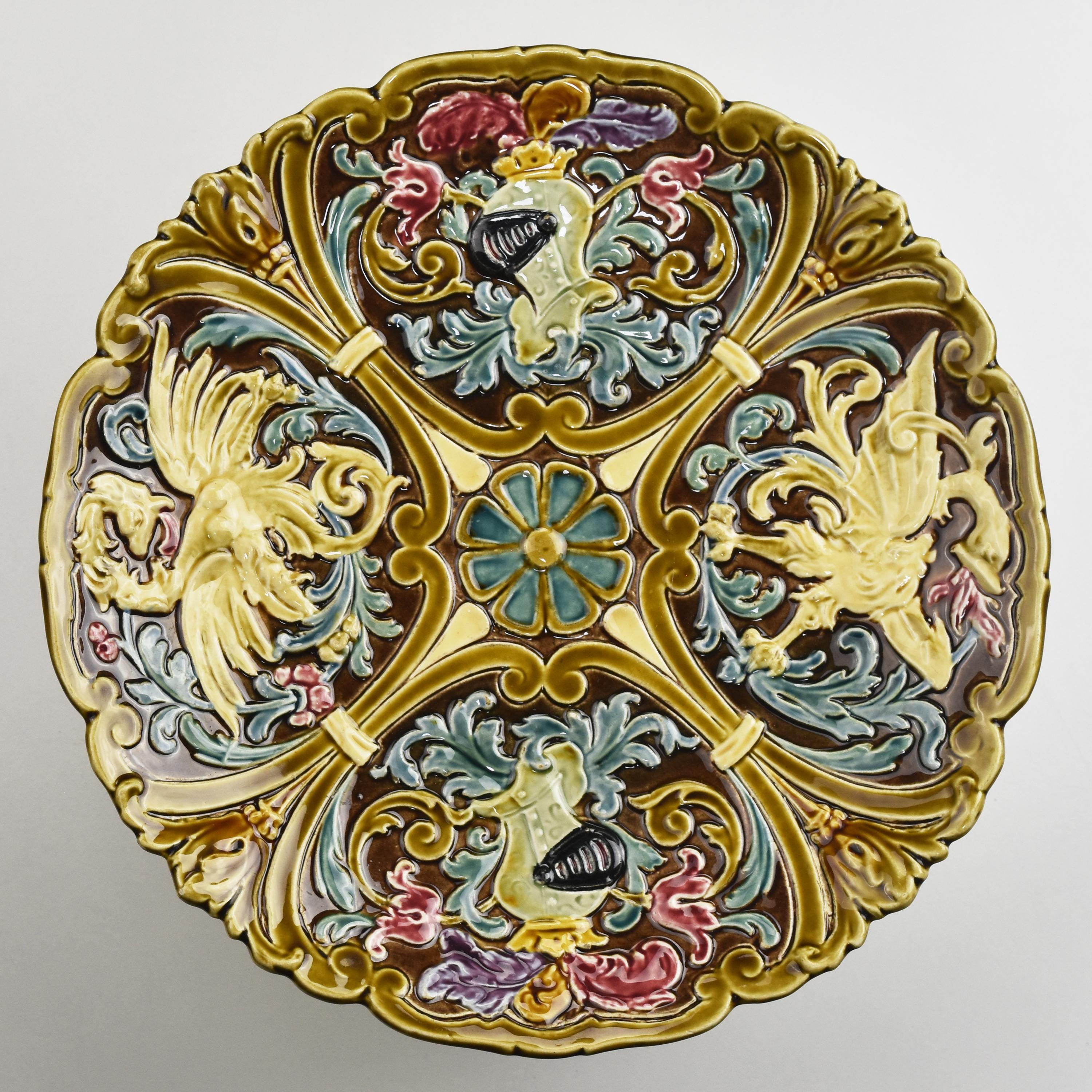 German Antique Victorian Historism Majolica Pedestal Bowl / Centerpiece Knights Dragons For Sale