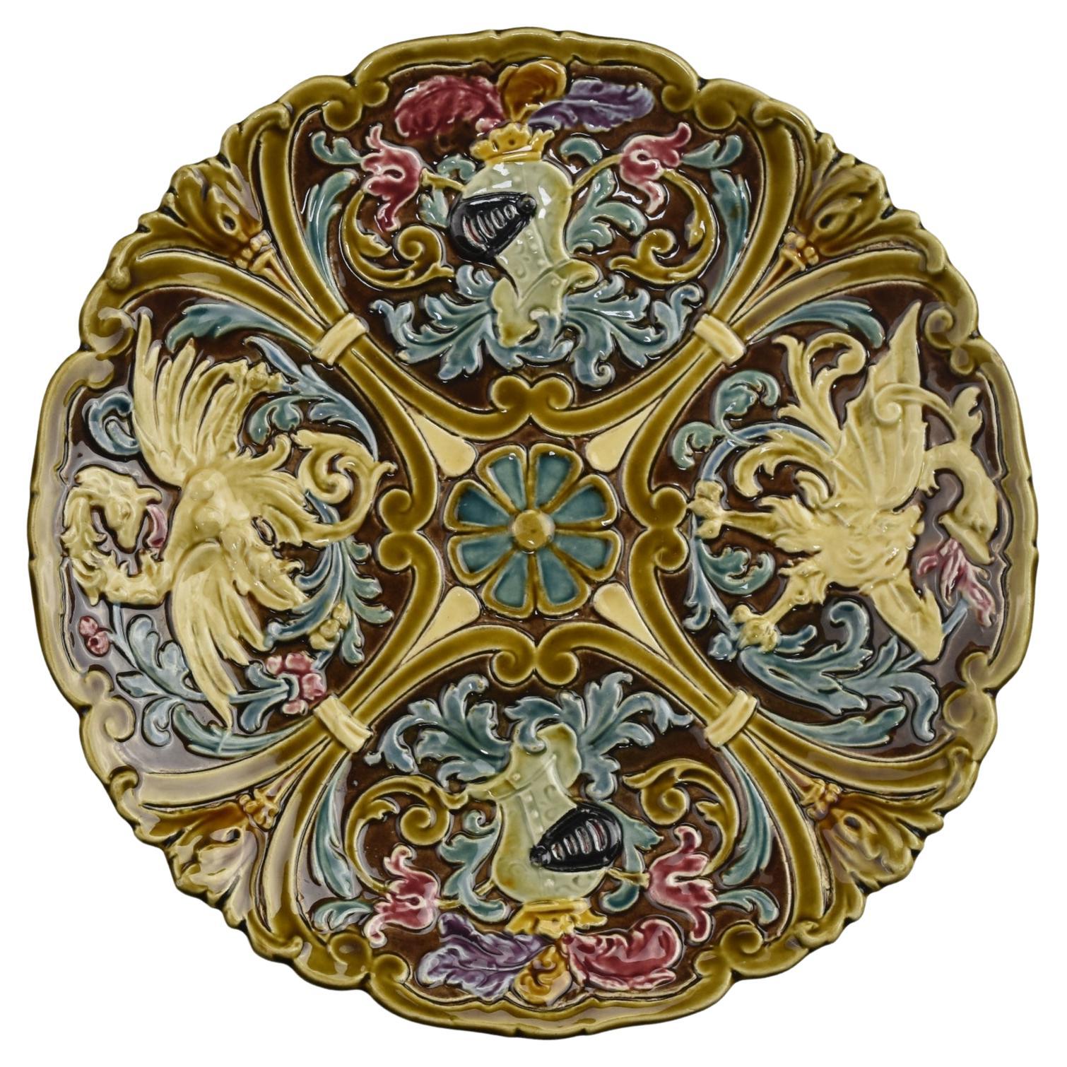 Antique Victorian Historism Majolica Pedestal Bowl / Centerpiece Knights Dragons