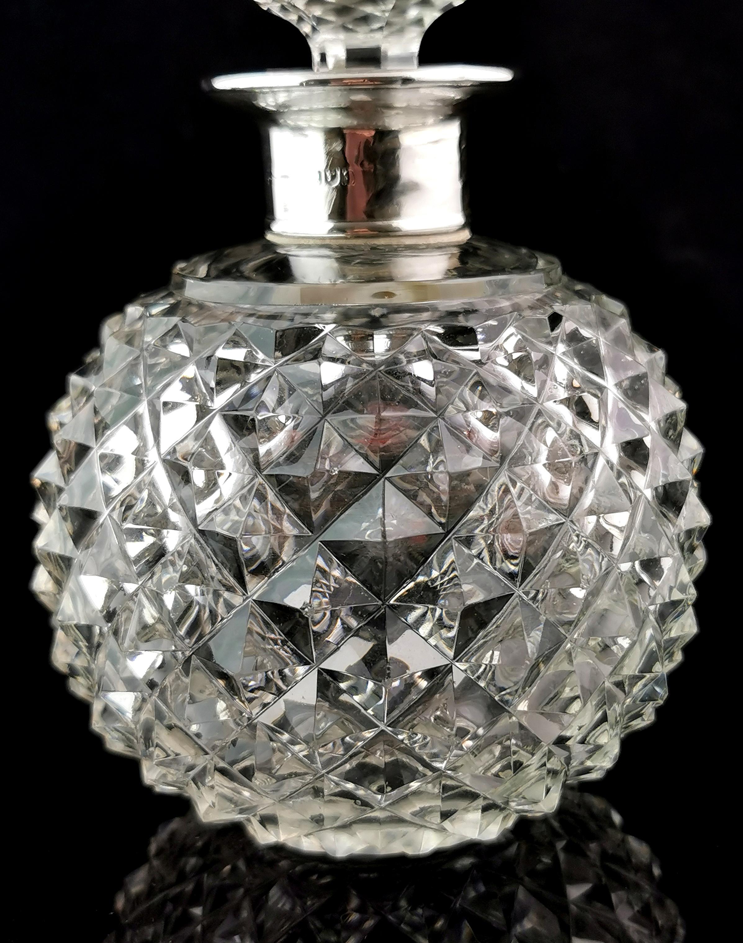 British Antique Victorian hobnail cut scent bottle, sterling silver  For Sale