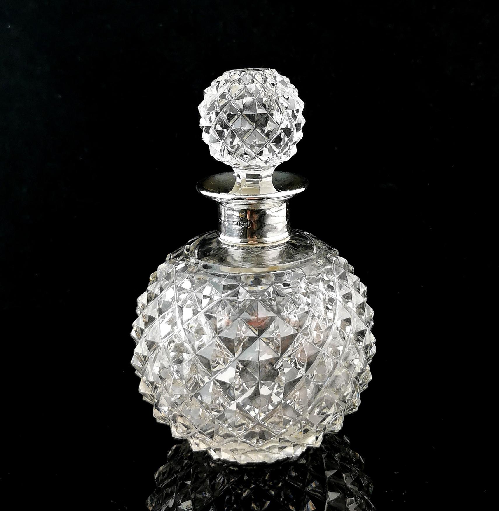 19th Century Antique Victorian hobnail cut scent bottle, sterling silver  For Sale