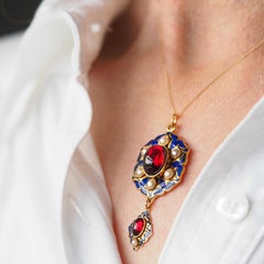 Antique Victorian Holbeinesque Pendant Necklace Garnets Pearls 18K Gold - c.1857