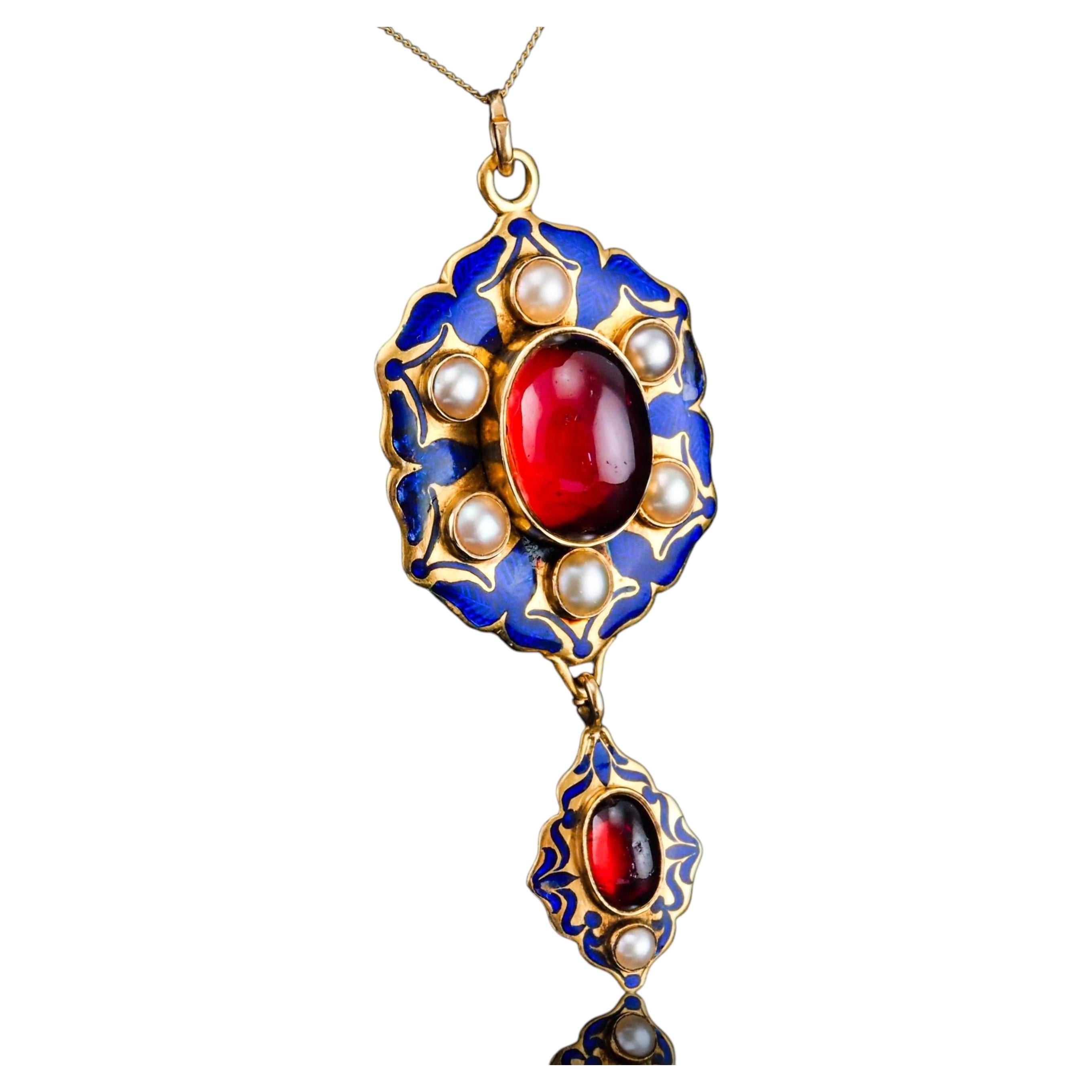 Antique Victorian Holbeinesque Pendant Necklace Garnets Pearls 18K Gold - c.1857
