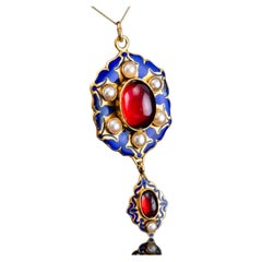 Antique Victorian Holbeinesque Pendant Necklace Garnets Pearls 18K Gold - c.1857