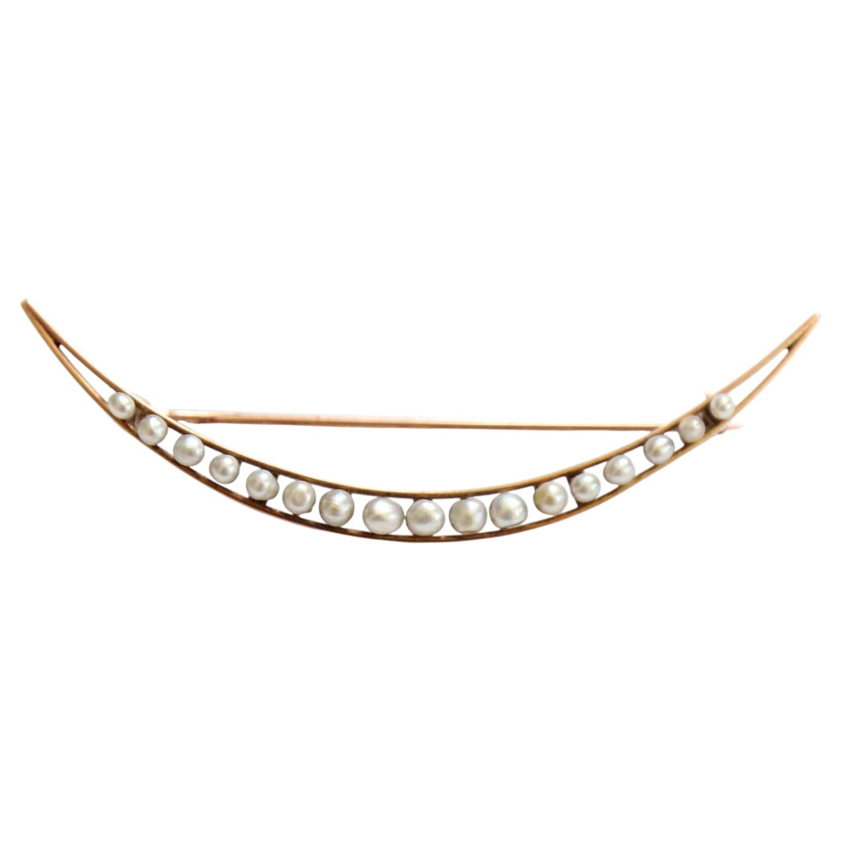 Antique Victorian Honeymoon Brooch 10k Gold Crescent Moon Seed Pearl Brooch