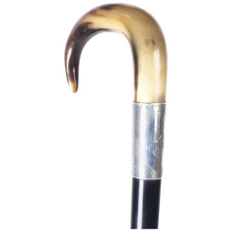 Antique Victorian Horn Handled Walking Cane Stick Silver Handle, 1922