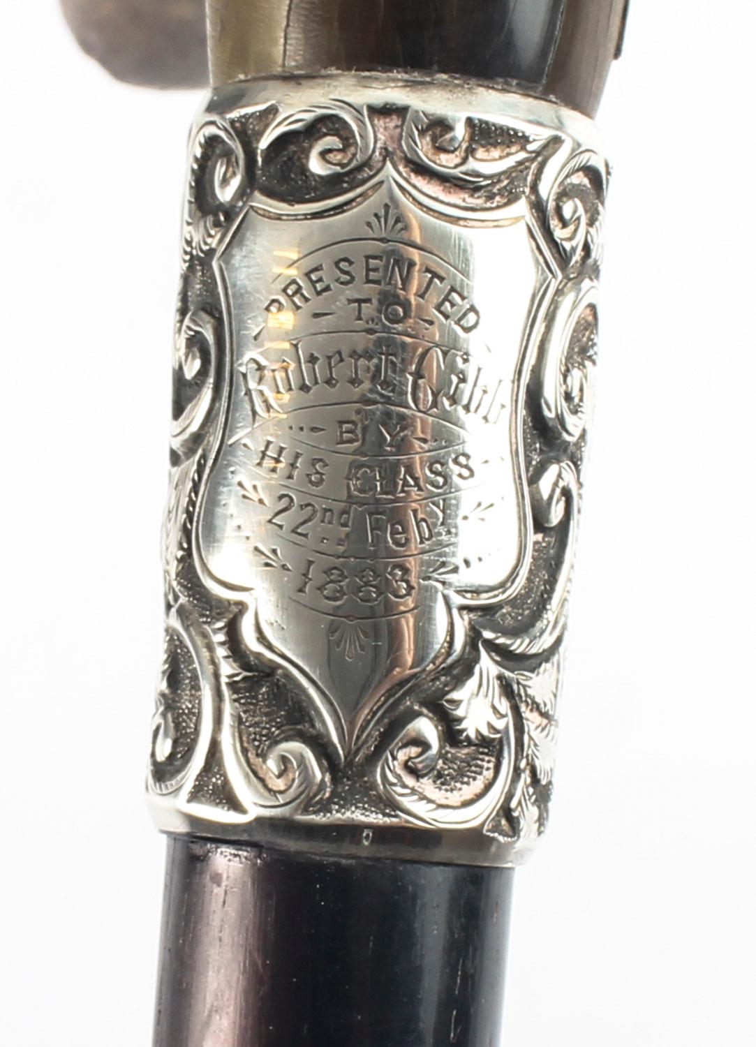 Antique Victorian Horn Handled Walking Cane Stick Silver Handle, 19th Century In Excellent Condition In London, GB
