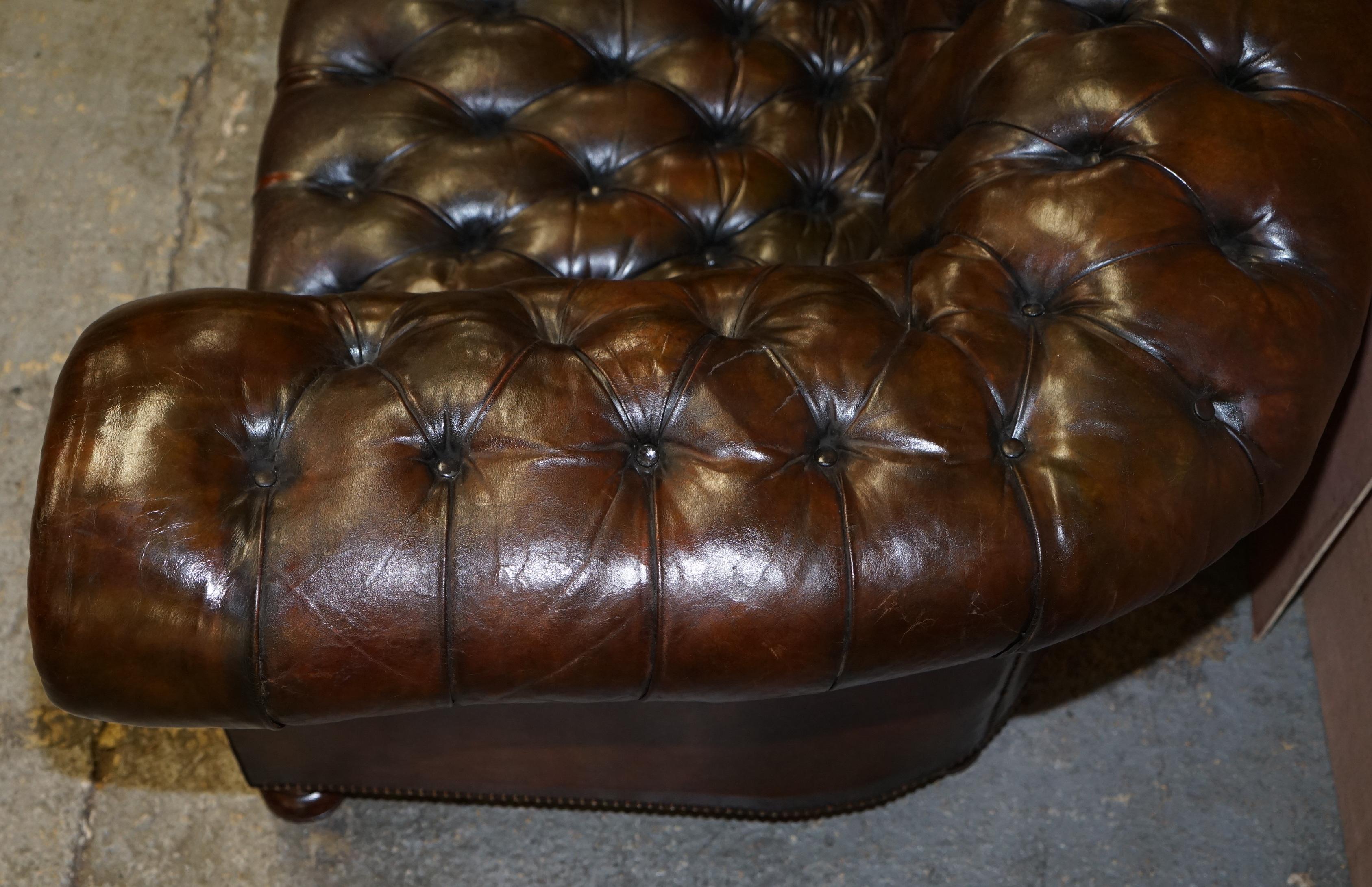 Antique Victorian Horse Hair Filled Chesterfield Cigar Brown Leather Club Sofa 2