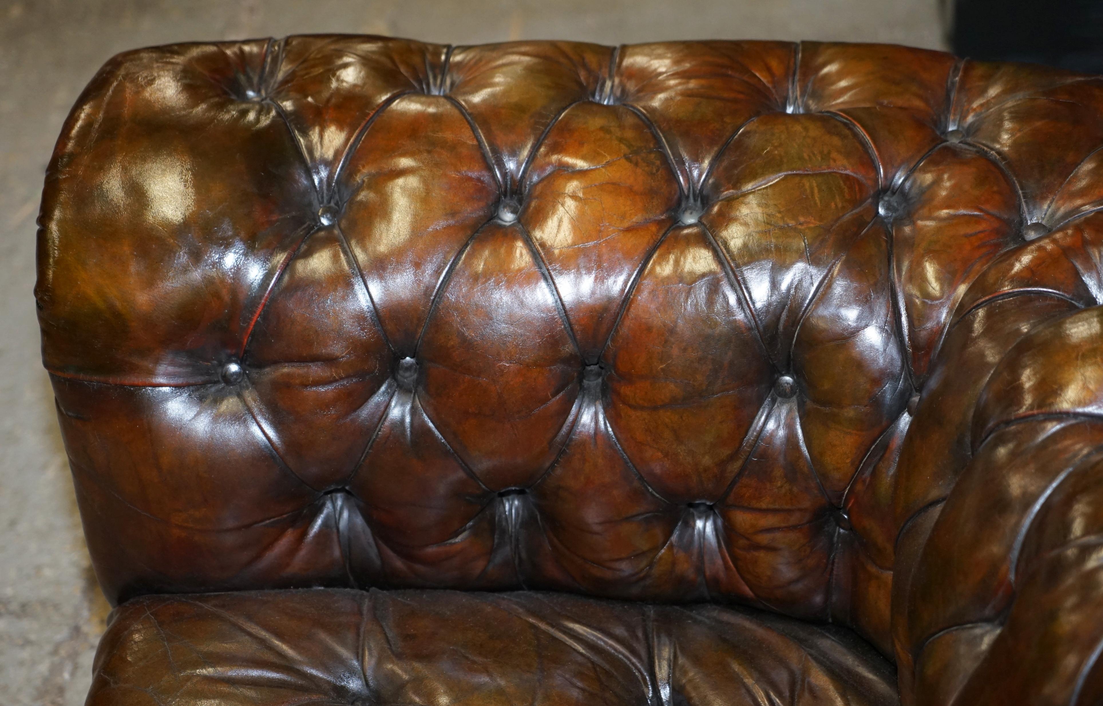Antique Victorian Horse Hair Filled Chesterfield Cigar Brown Leather Club Sofa 3