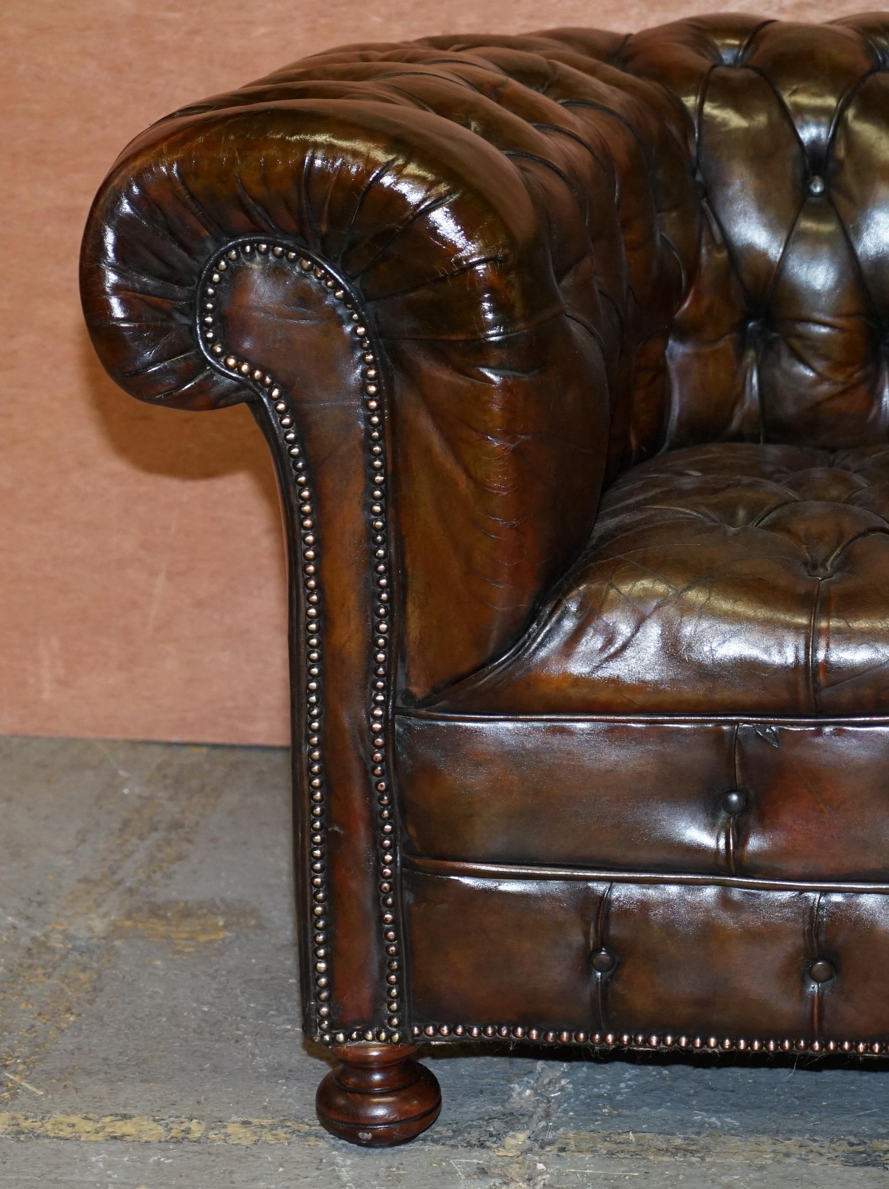 Antique Victorian Horse Hair Filled Chesterfield Cigar Brown Leather Club Sofa 4