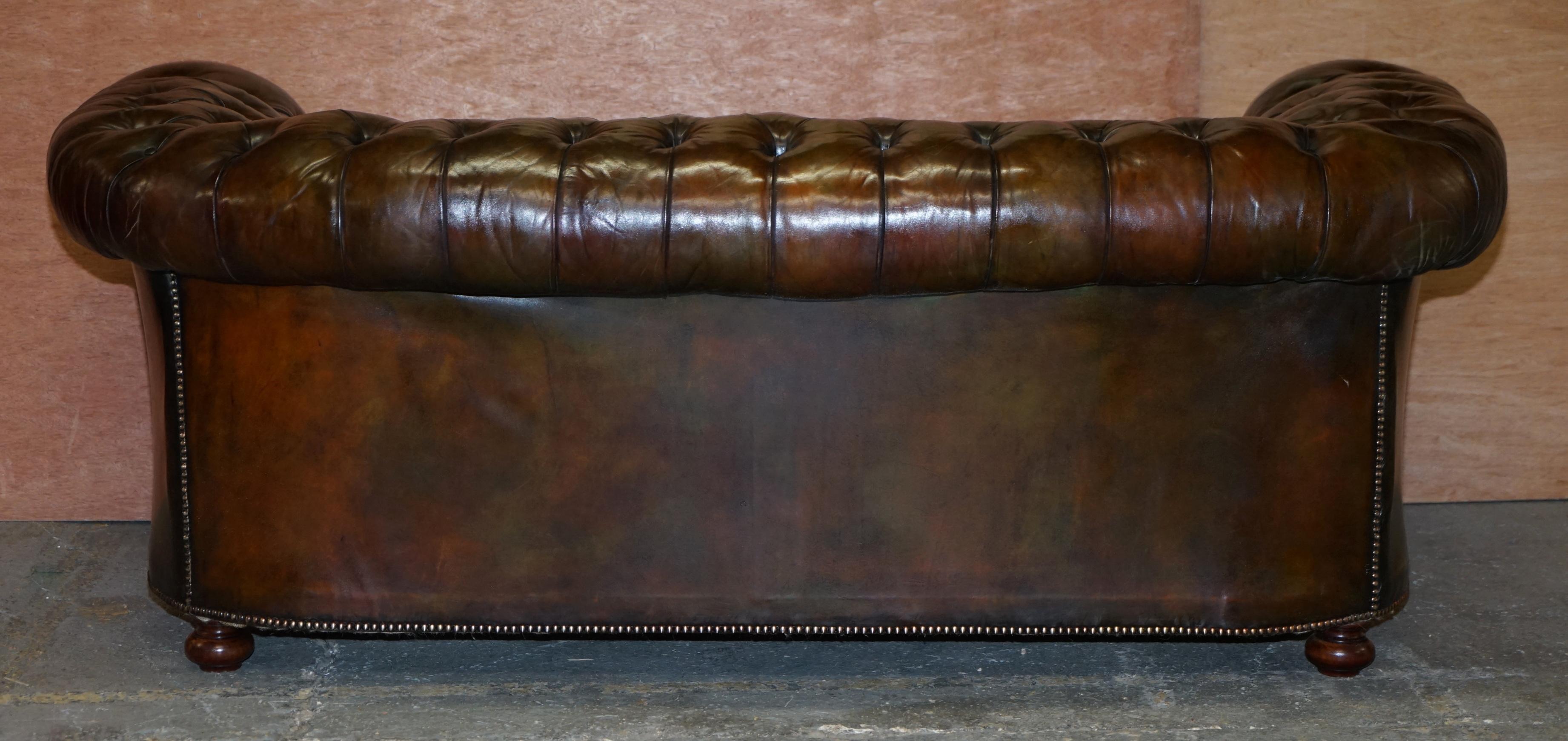 Antique Victorian Horse Hair Filled Chesterfield Cigar Brown Leather Club Sofa 8