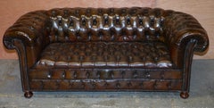 Antique Victorian Horse Hair Filled Chesterfield Cigar Brown Leather Club Sofa