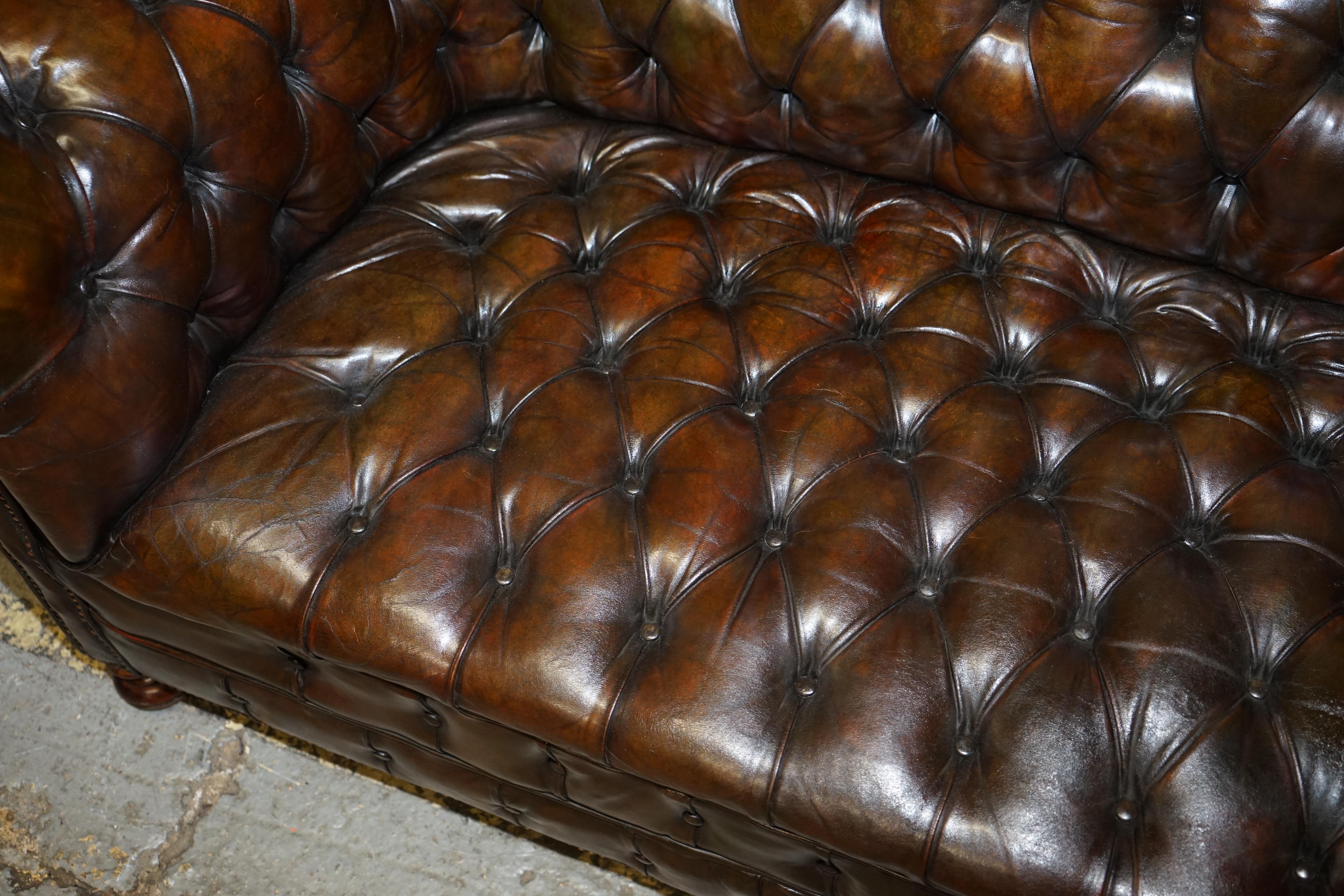 English Antique Victorian Horse Hair Filled Chesterfield Cigar Brown Leather Club Sofa