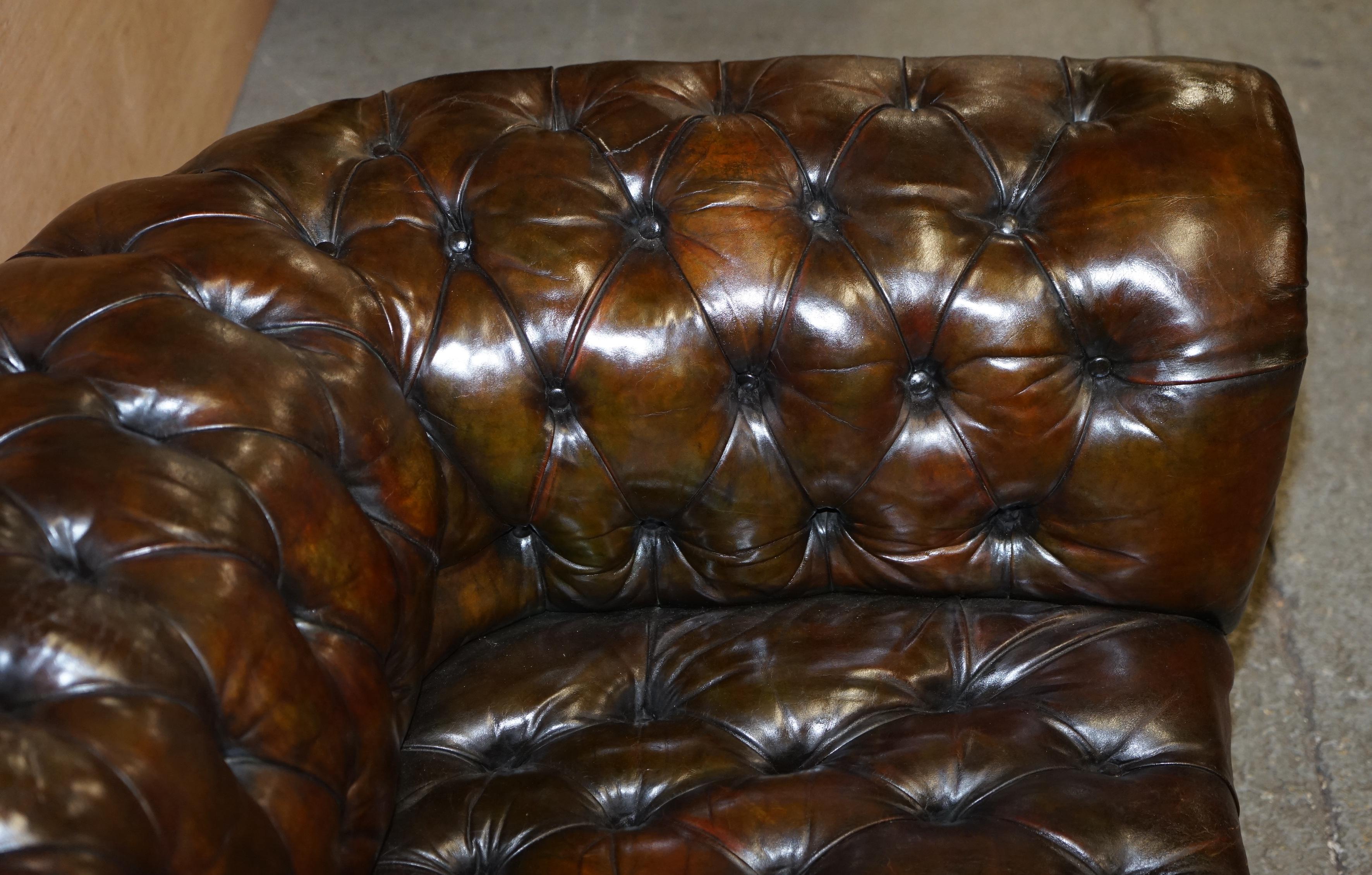 Antique Victorian Horse Hair Filled Chesterfield Cigar Brown Leather Club Sofa 1