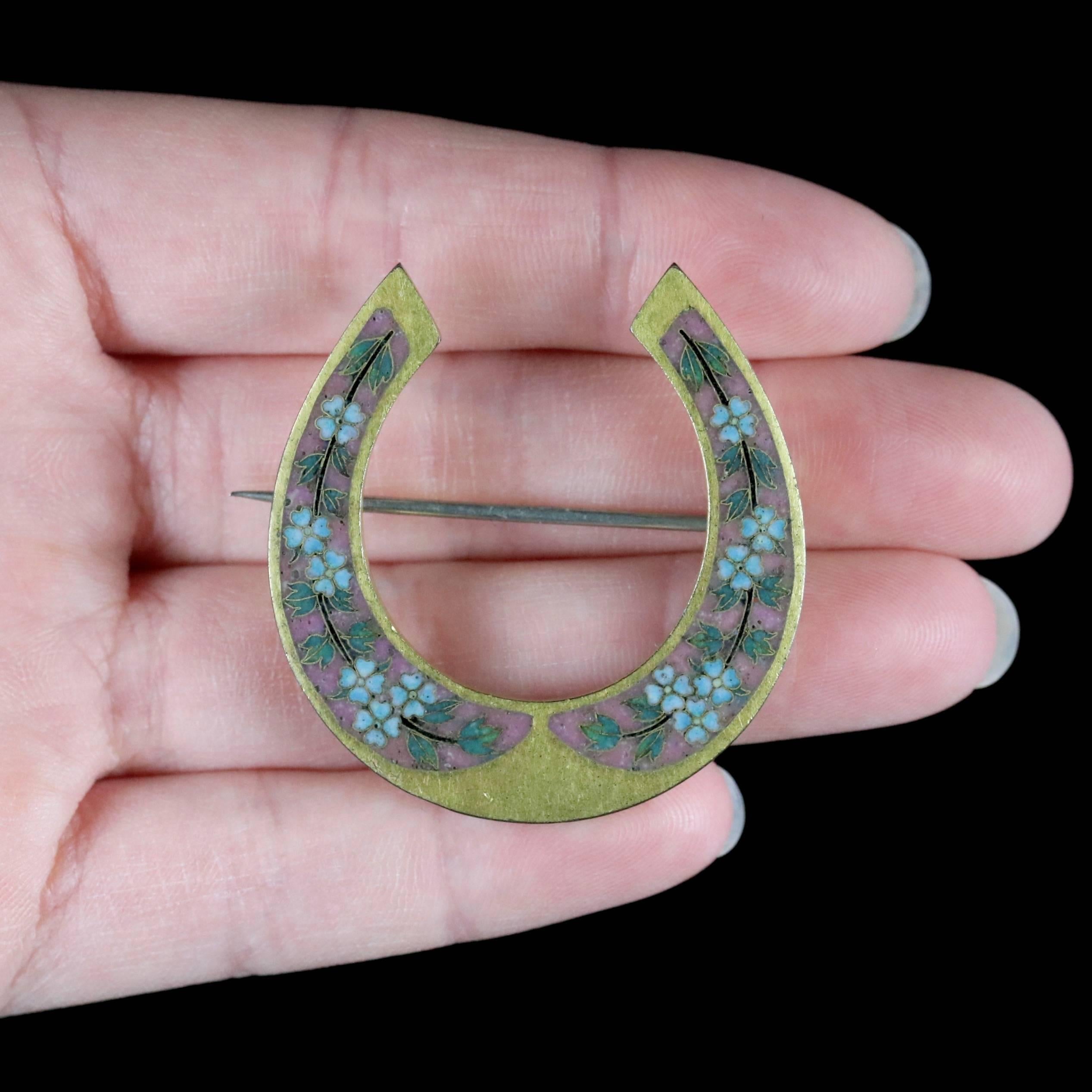 Antique Victorian Horseshoe Brooch Gold Gilt Forget Me Not, circa 1880 1