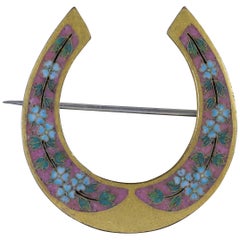 Antique Victorian Horseshoe Brooch Gold Gilt Forget Me Not, circa 1880