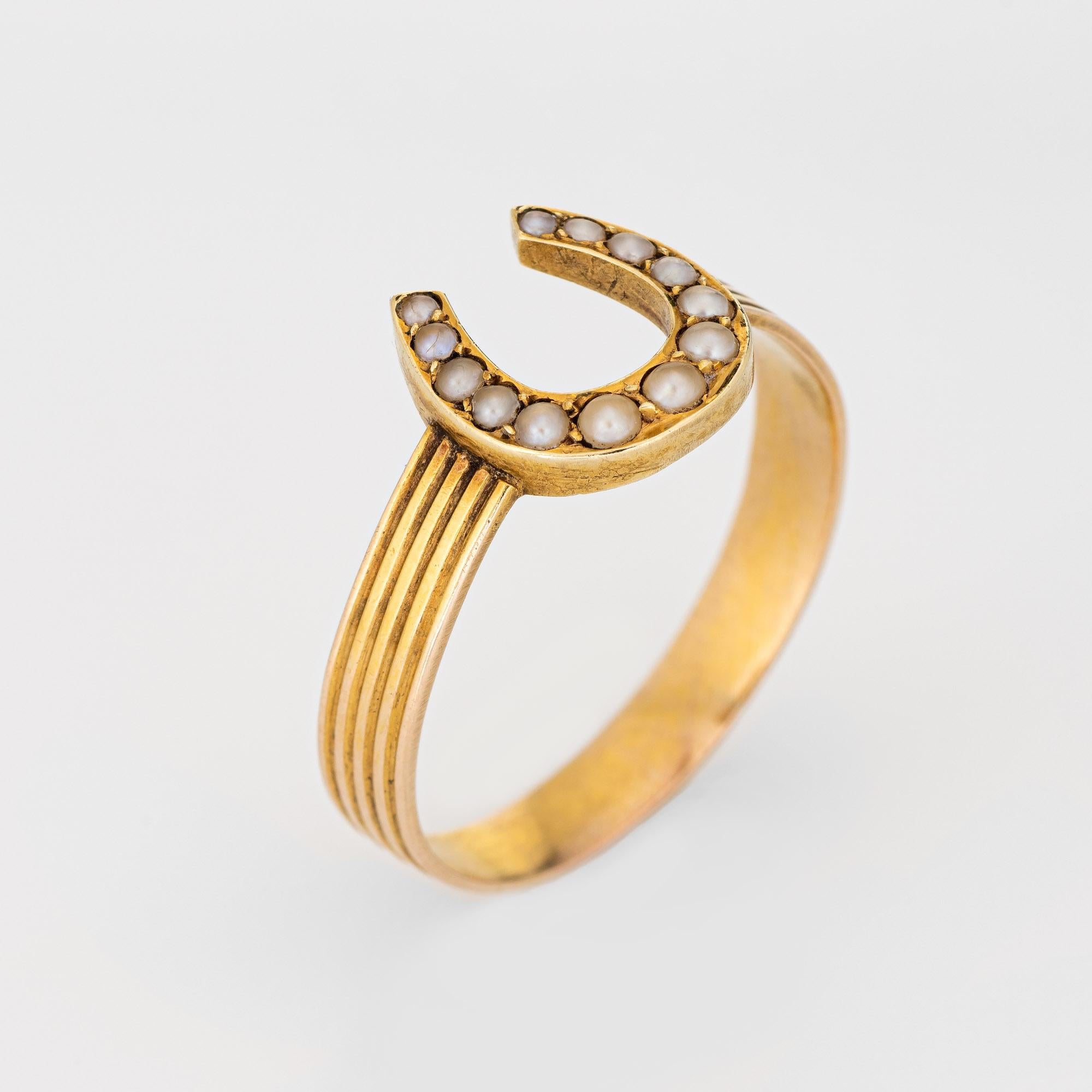 Elegant antique Victorian seed pearl horseshoe ring (circa 1880s to 1900s), crafted in 14 karat yellow gold. 

Seed pearls range in size from 1mm to 2mm (in good condition and free or cracks or chips).
The horseshoe ring represents good fortune and