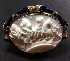 Antique Victorian Hours Leading the Horses of the Sun Pink Shell Cameo Brooch