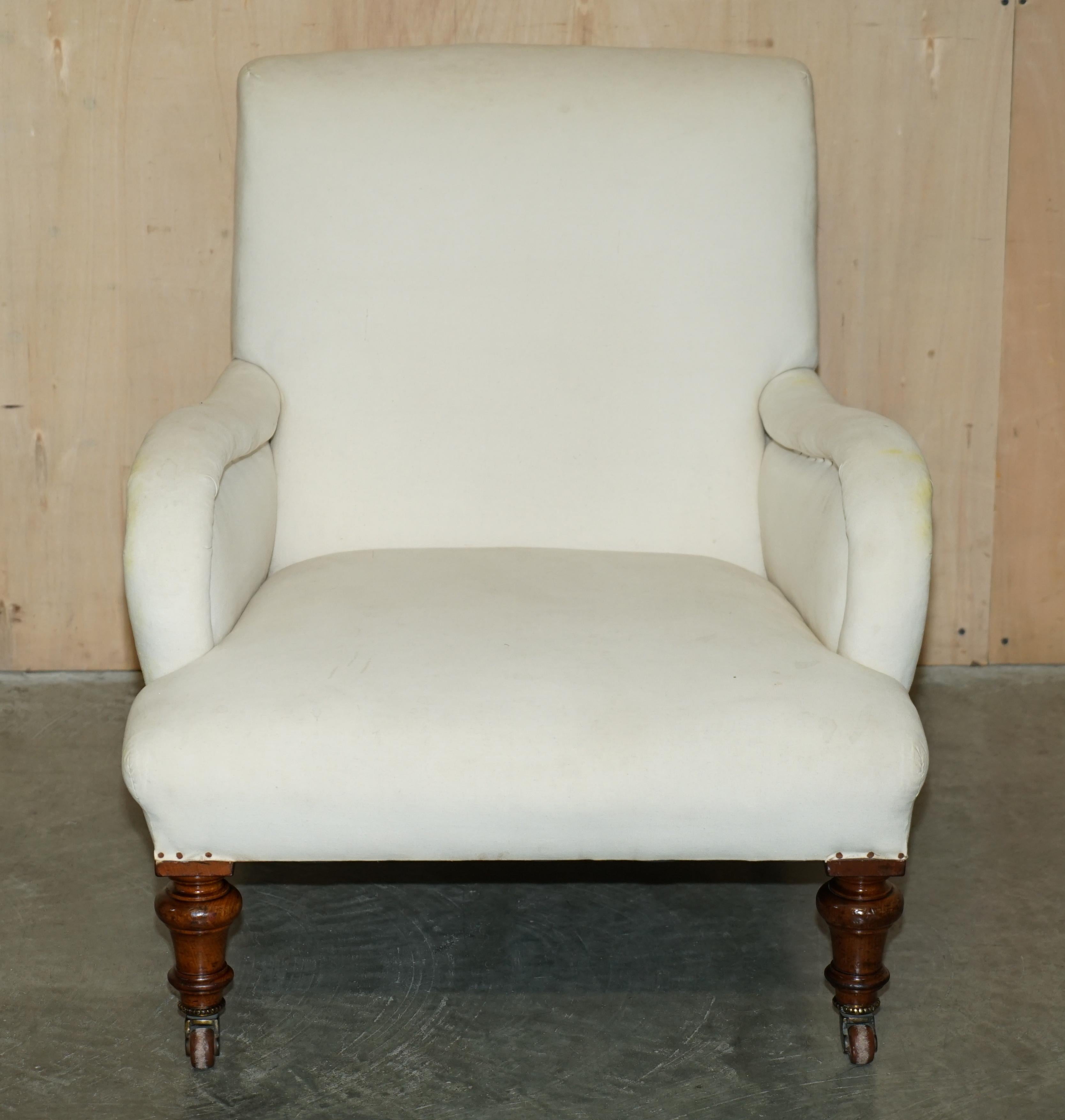 Royal House Antiques

Royal House Antiques is delighted to offer for sale this lovely original Victorian armchair with period Porcelain castors in Calico upholstery in the style of Howard & Son's Bridgewater model 

Please note the delivery fee