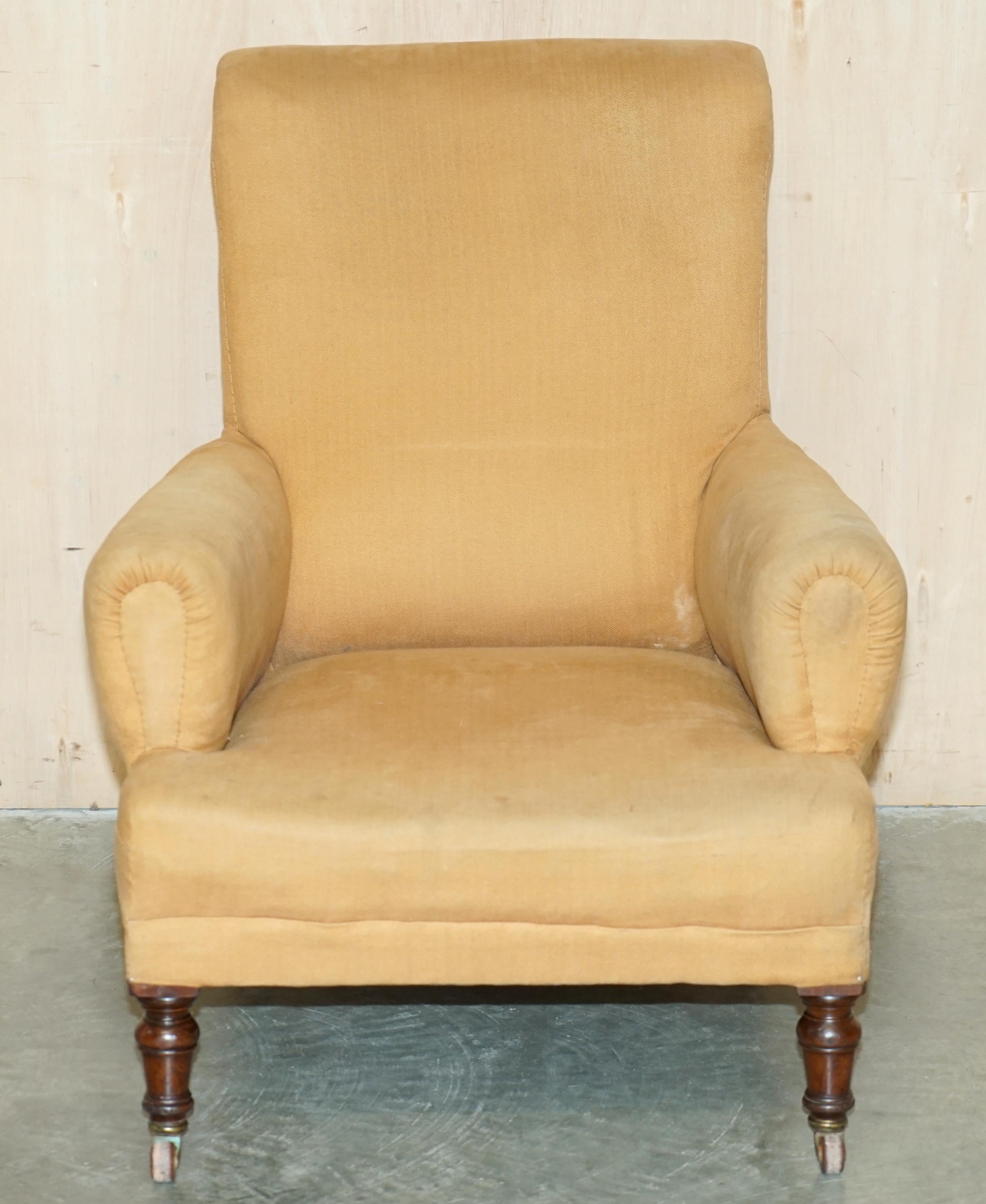 High Victorian ANTiQUE VICTORIAN HOWARD & SON'S STYLE LIBRARY READING ARMCHAIR FOR UPHOLSTERy For Sale