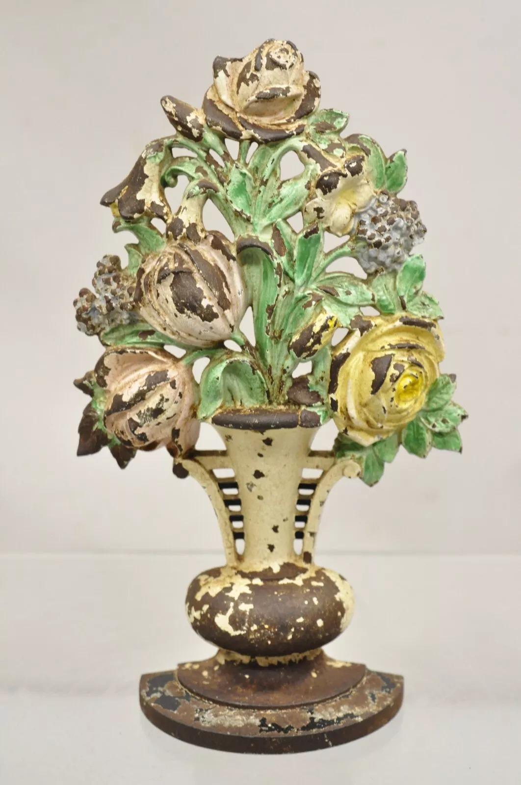 Antique Victorian Hubley Tall Cast Iron Figural Floral Painted Bouquet Door Stop For Sale 6