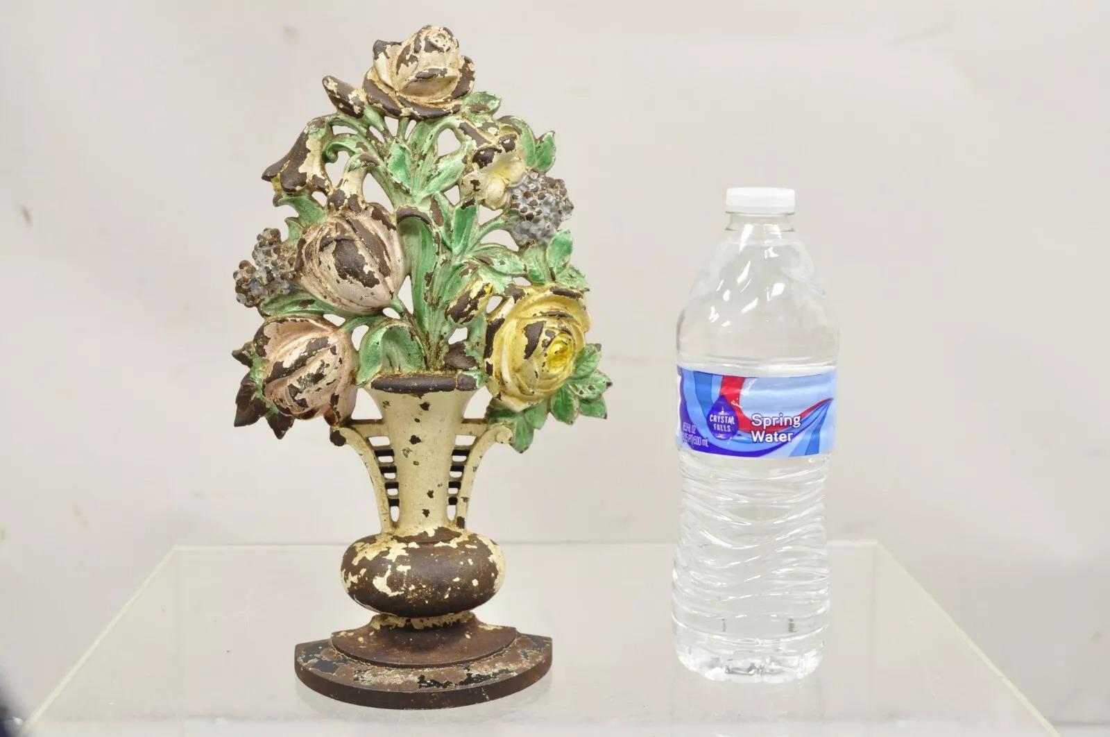 Antique Victorian Hubley Tall Cast Iron Figural Floral Painted Bouquet Door Stop. Circa Early 1900s. Dimensions : 10,5